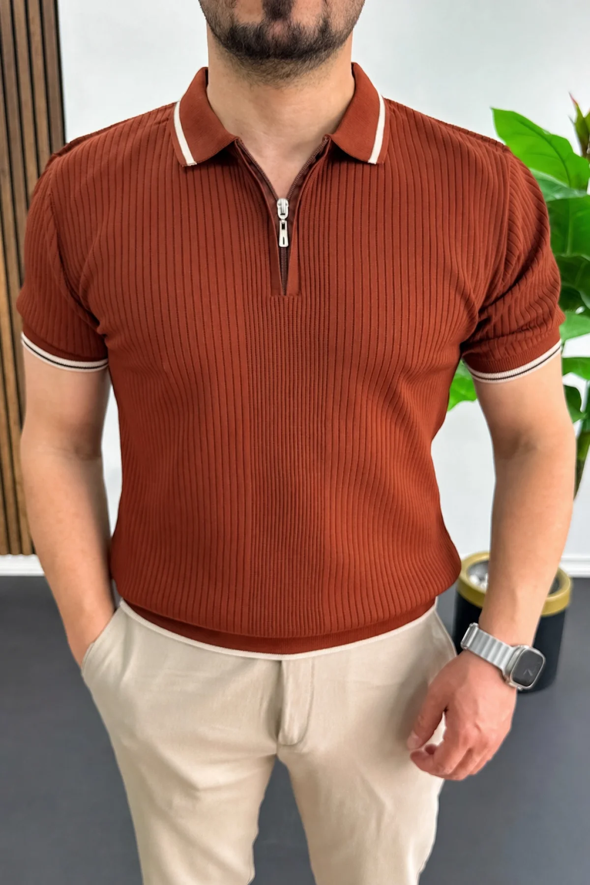 Erkek Polo Yaka Çizgili Tişört Kiremit Edw472