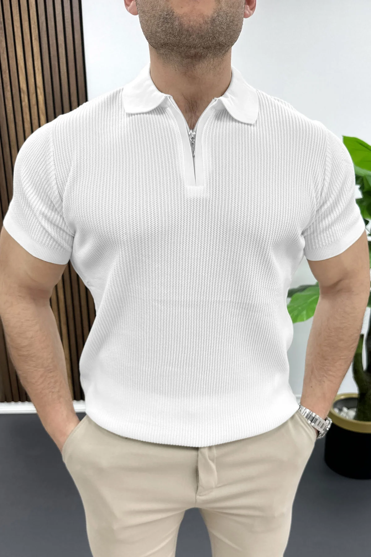 Erkek Polo Yaka Likralı Tişört Beyaz Edw491
