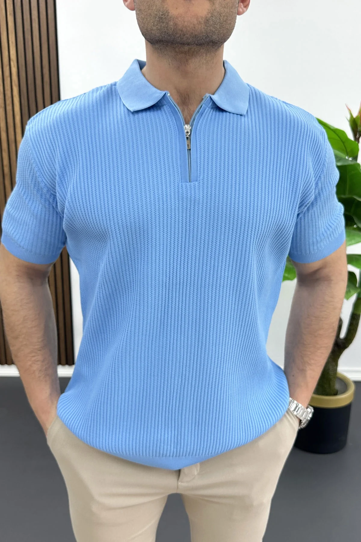 Erkek Polo Yaka Likralı Tişört Açık Mavi Edw491