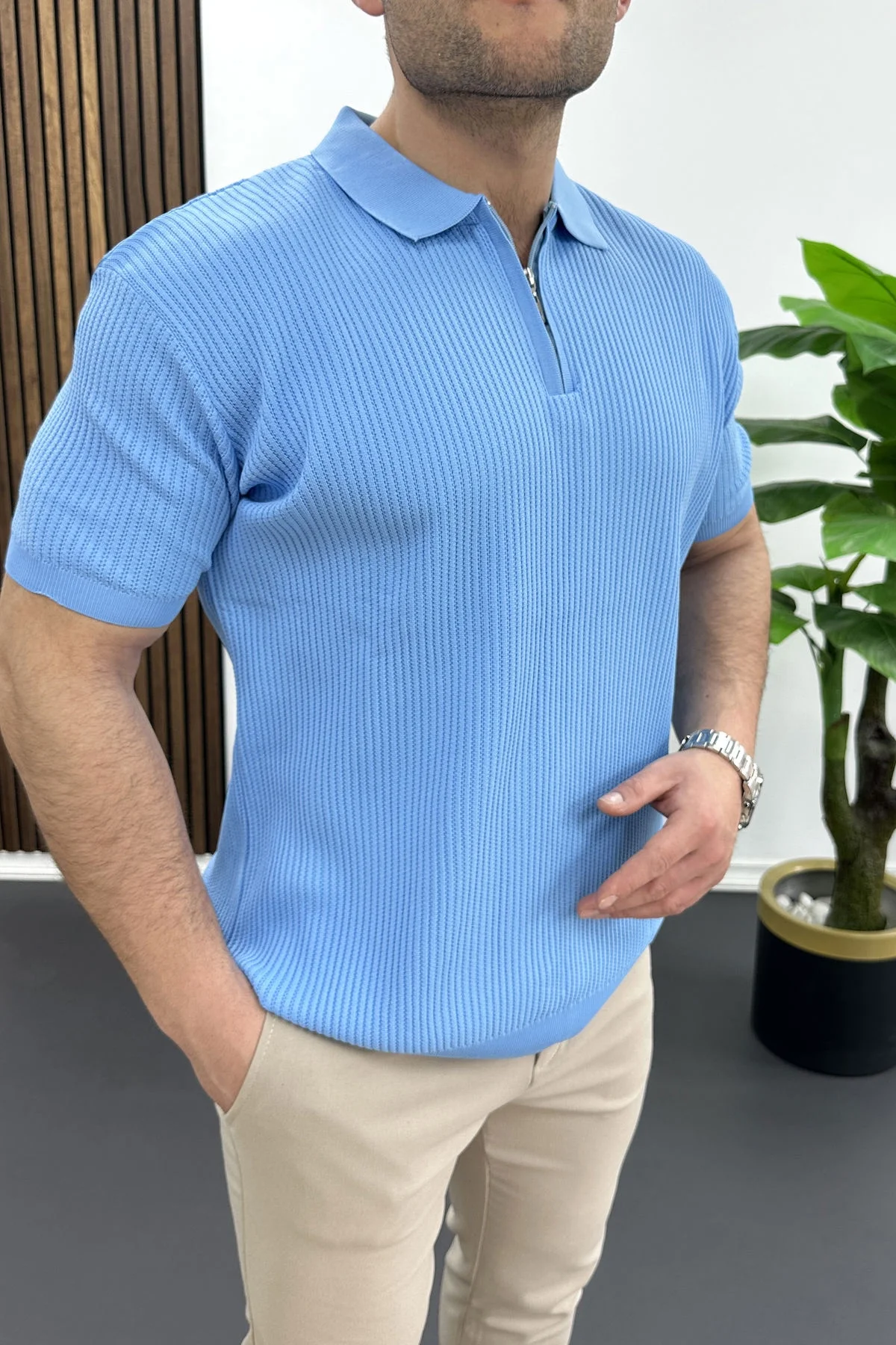 Erkek Polo Yaka Likralı Tişört Açık Mavi Edw491