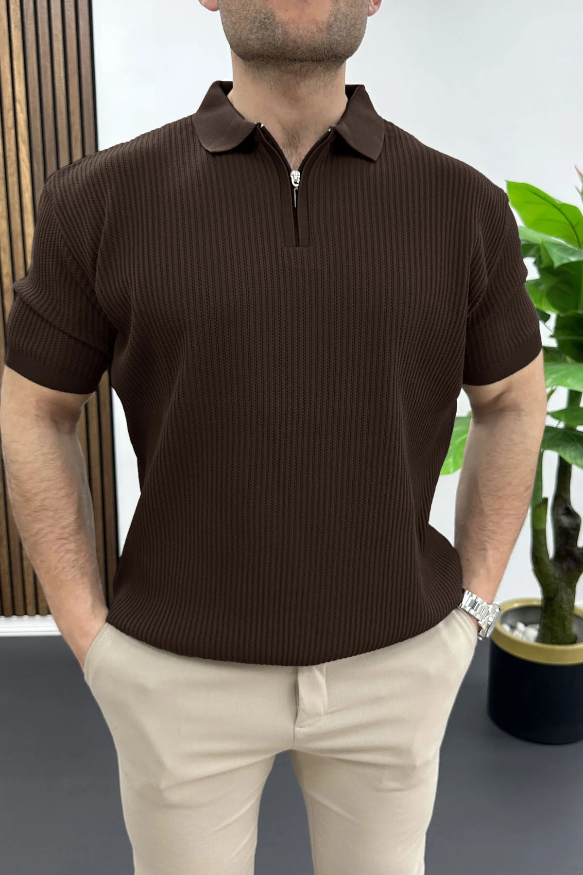 Erkek Polo Yaka Likralı Tişört Kahverengi Edw491