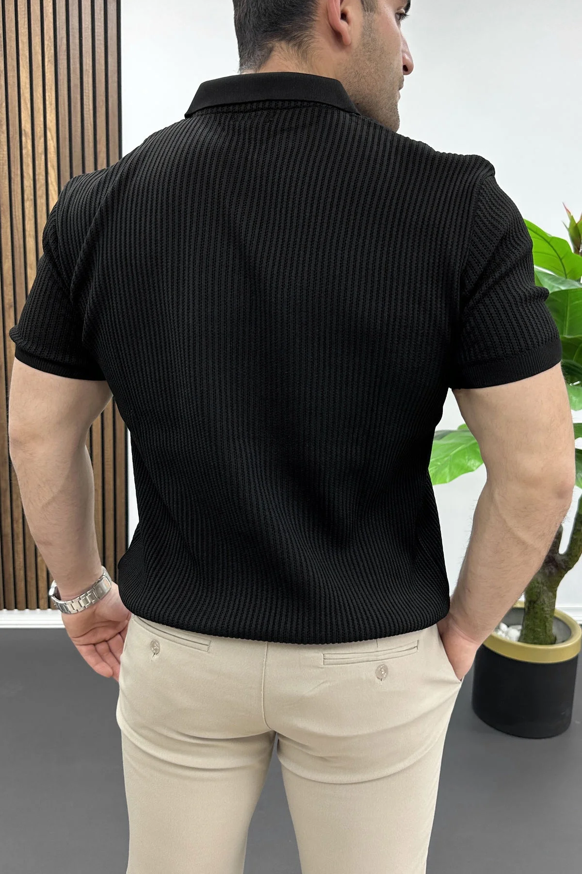 Erkek Polo Yaka Likralı Tişört Siyah Edw491