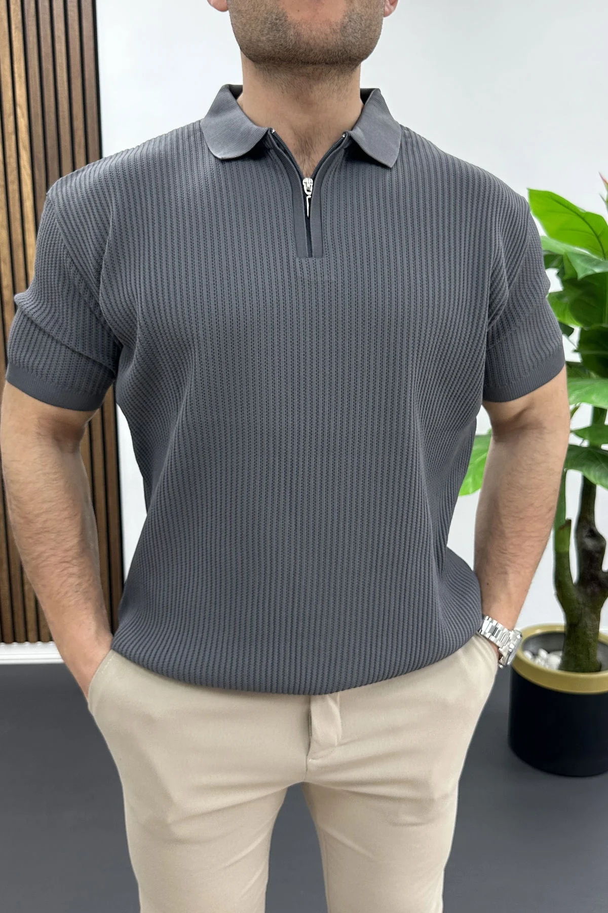 Erkek Polo Yaka Likralı Tişört Füme Edw491
