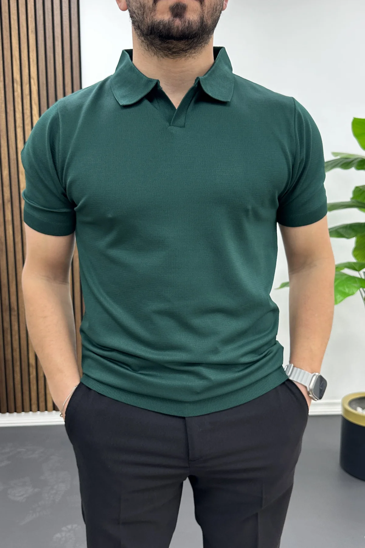 Erkek Açık Yaka Düz Tişört Yeşil Edw461