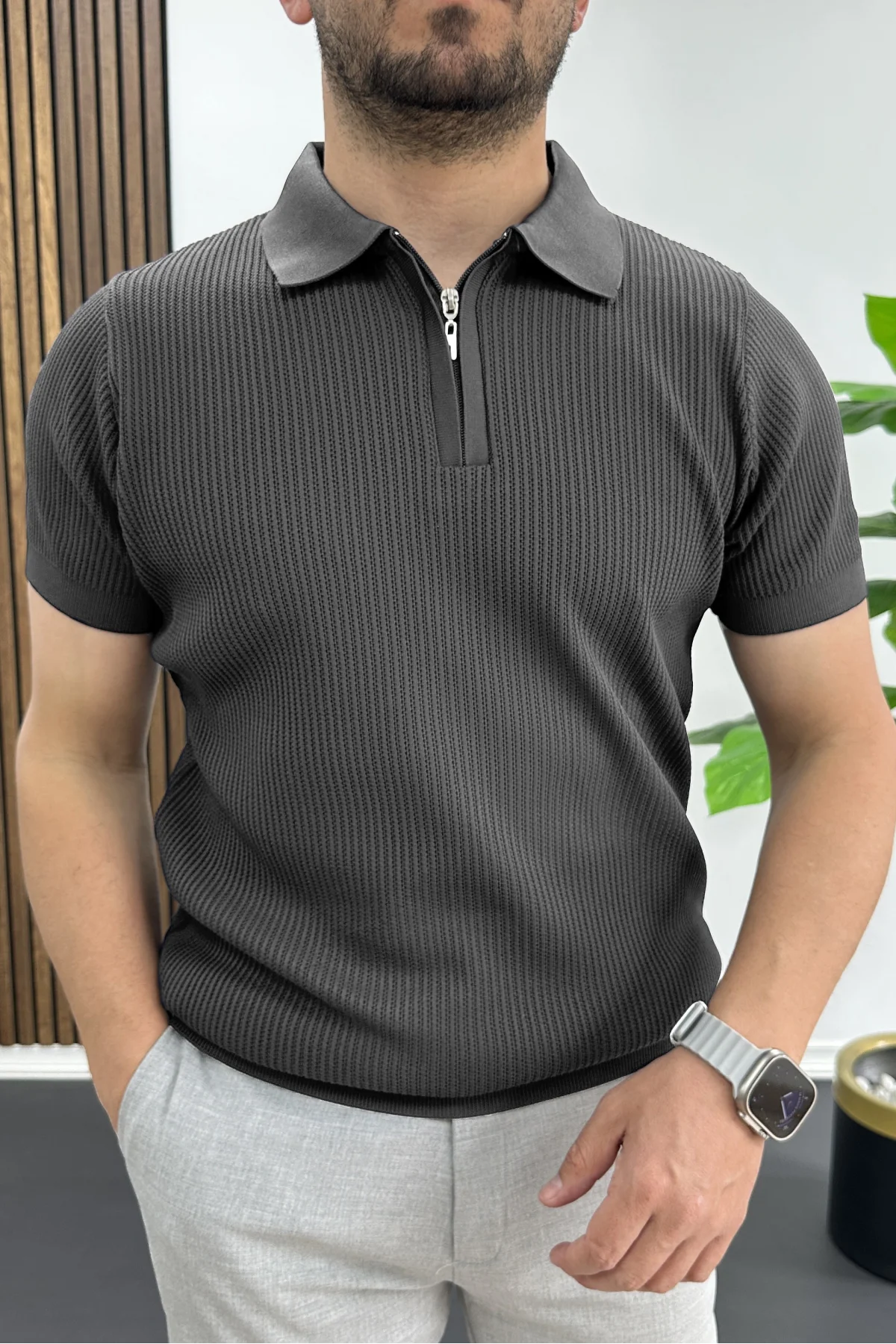 Erkek Polo Yaka Likralı Tişört Füme Edw491