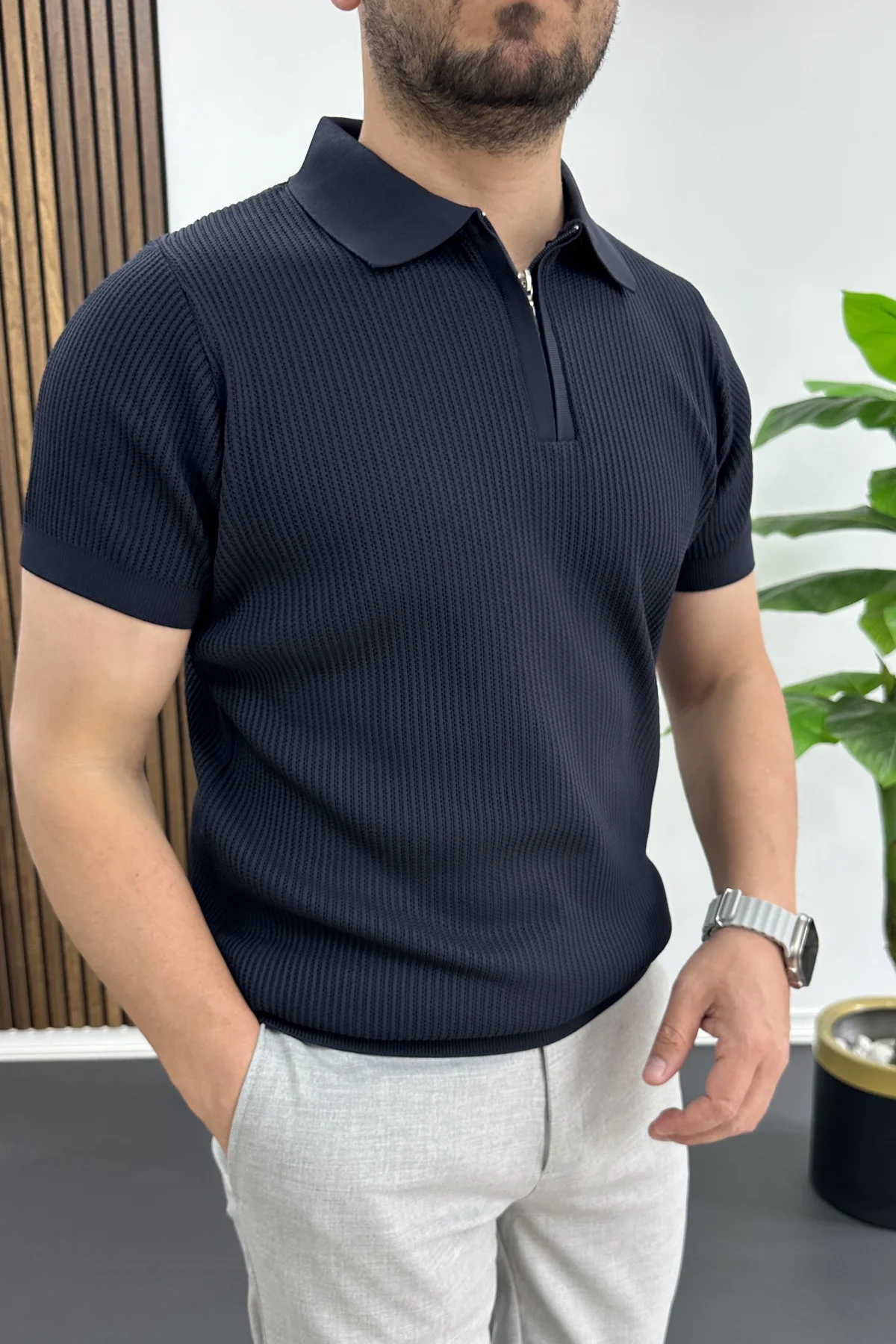 Erkek Polo Yaka Likralı Tişört Lacivert Edw491