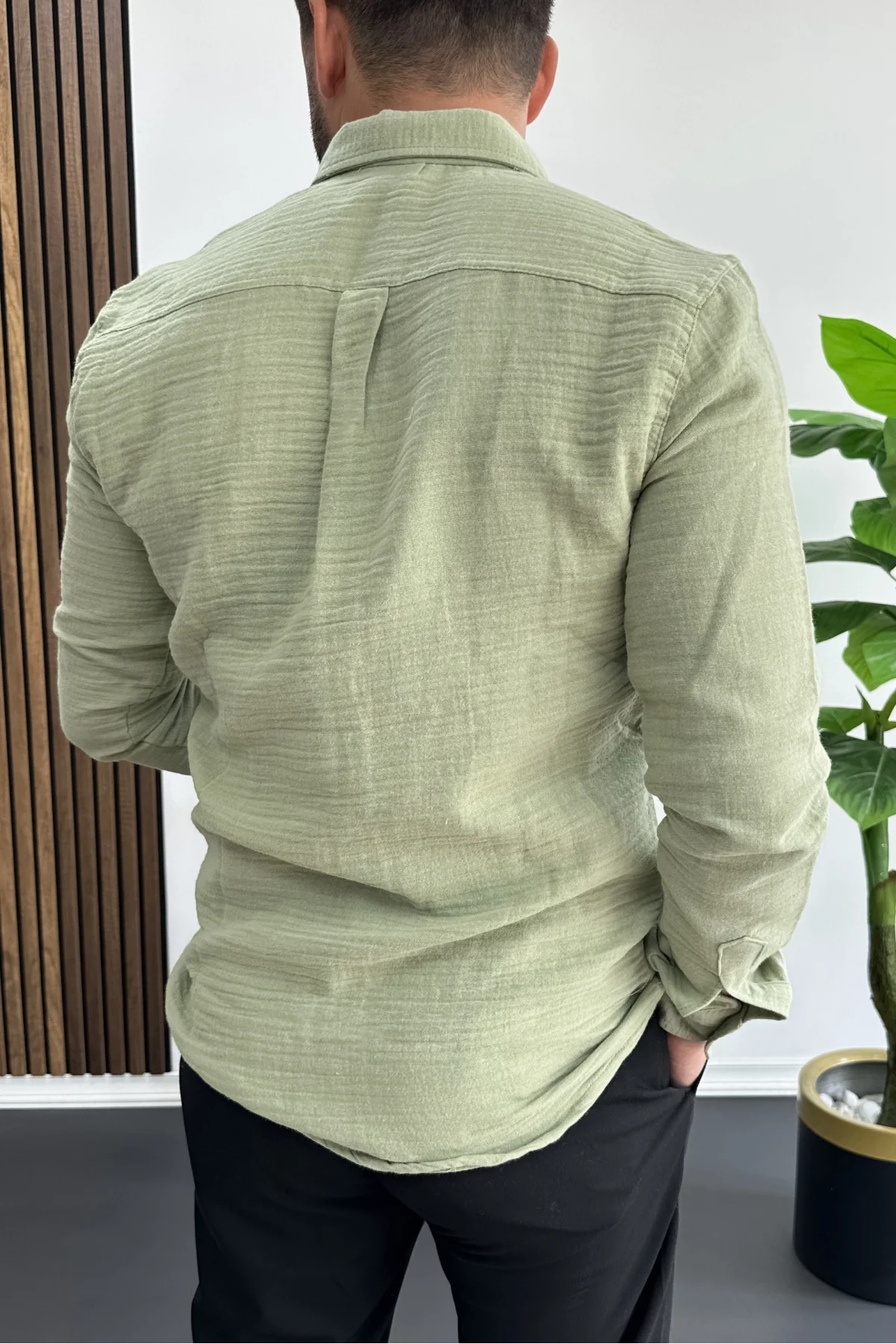 Erkek Müslin Kumaş Pamuklu Gömlek Yeşil Edw488