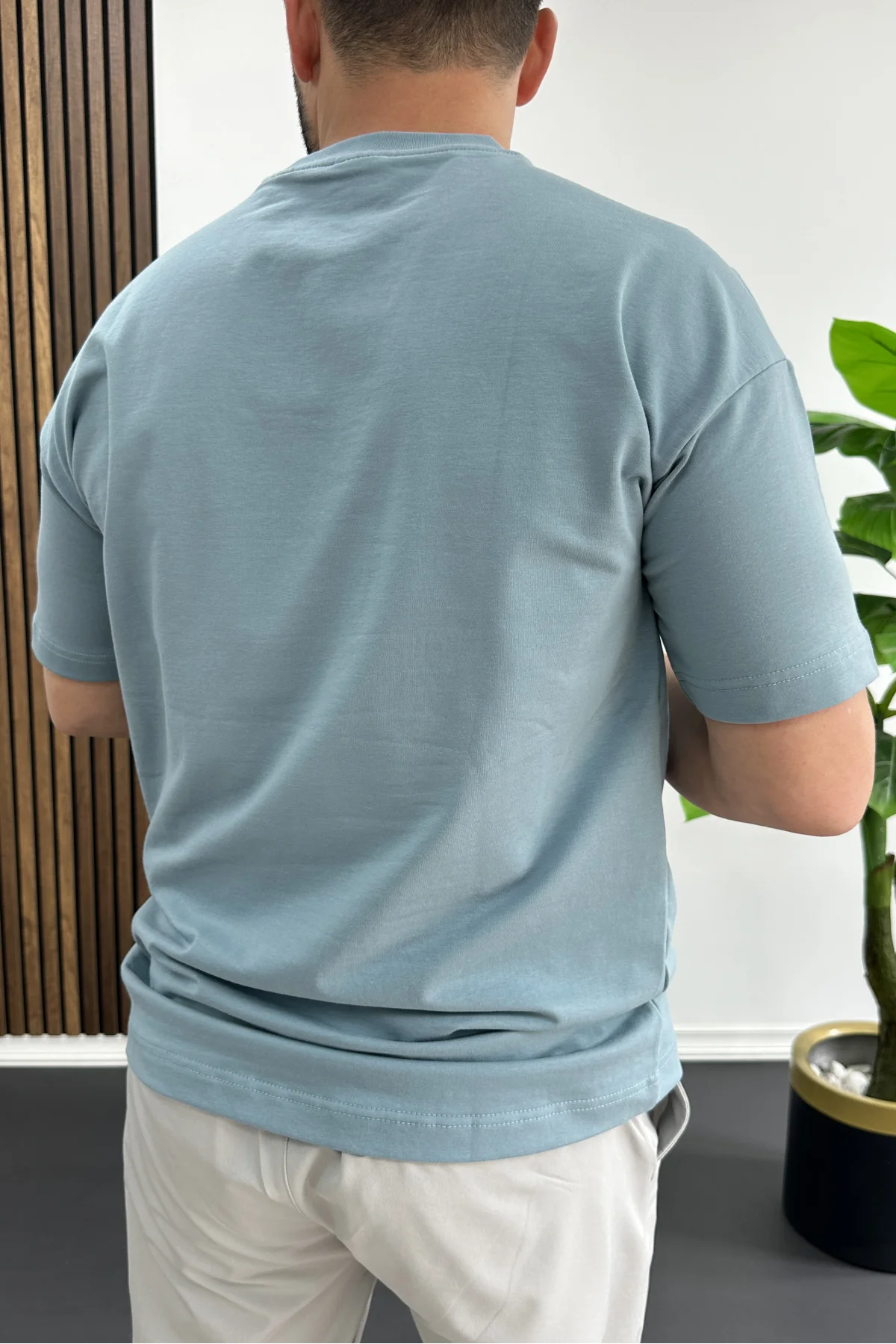 Erkek Kabartma Baskılı Çizgi Detaylı Tişört Mavi Edw486