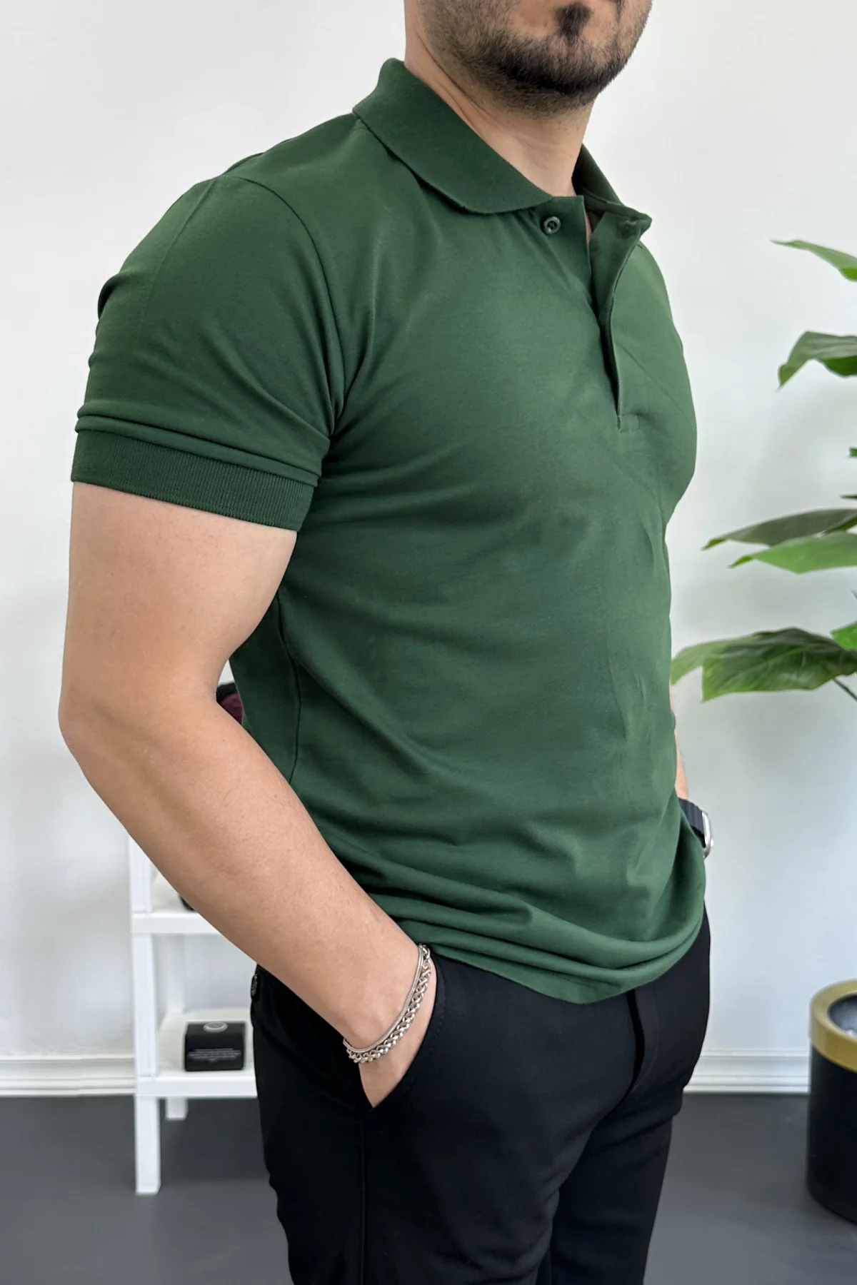 Erkek Slim Fit Düz Renk Pamuklu Soft Polo Tişört Yeşil Edw365
