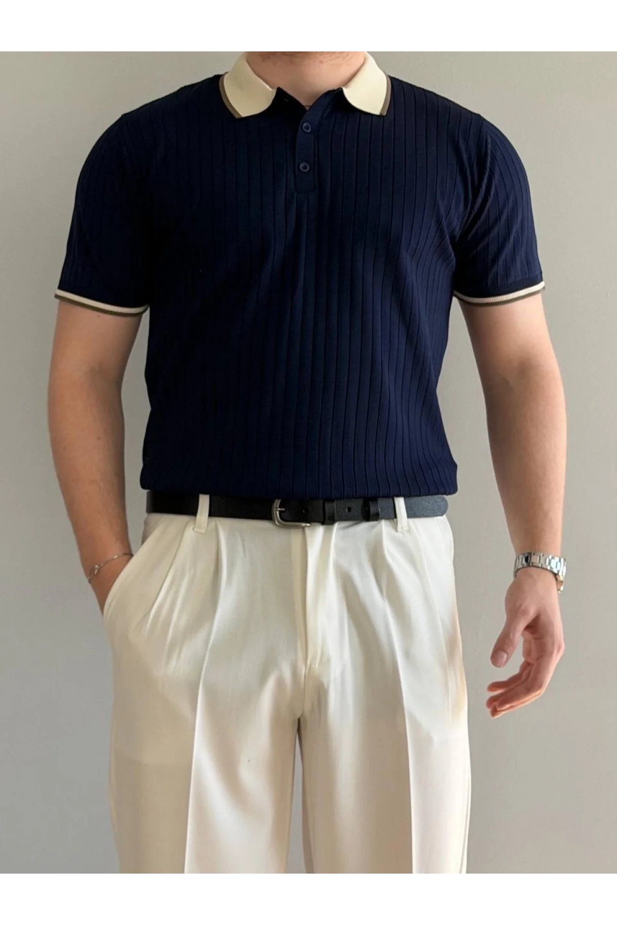 Erkek Şerit Detaylı Polo Yaka Tişört Lacivert Edw497