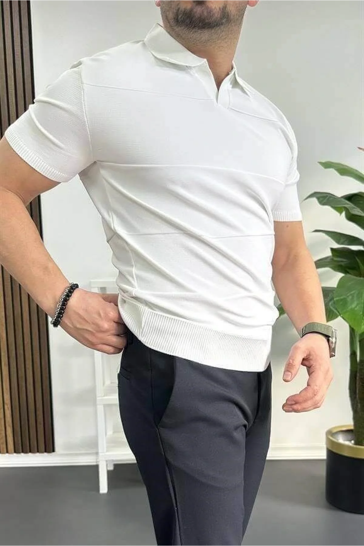 Erkek Açık Yaka Bloklu Tişört Beyaz Edw237