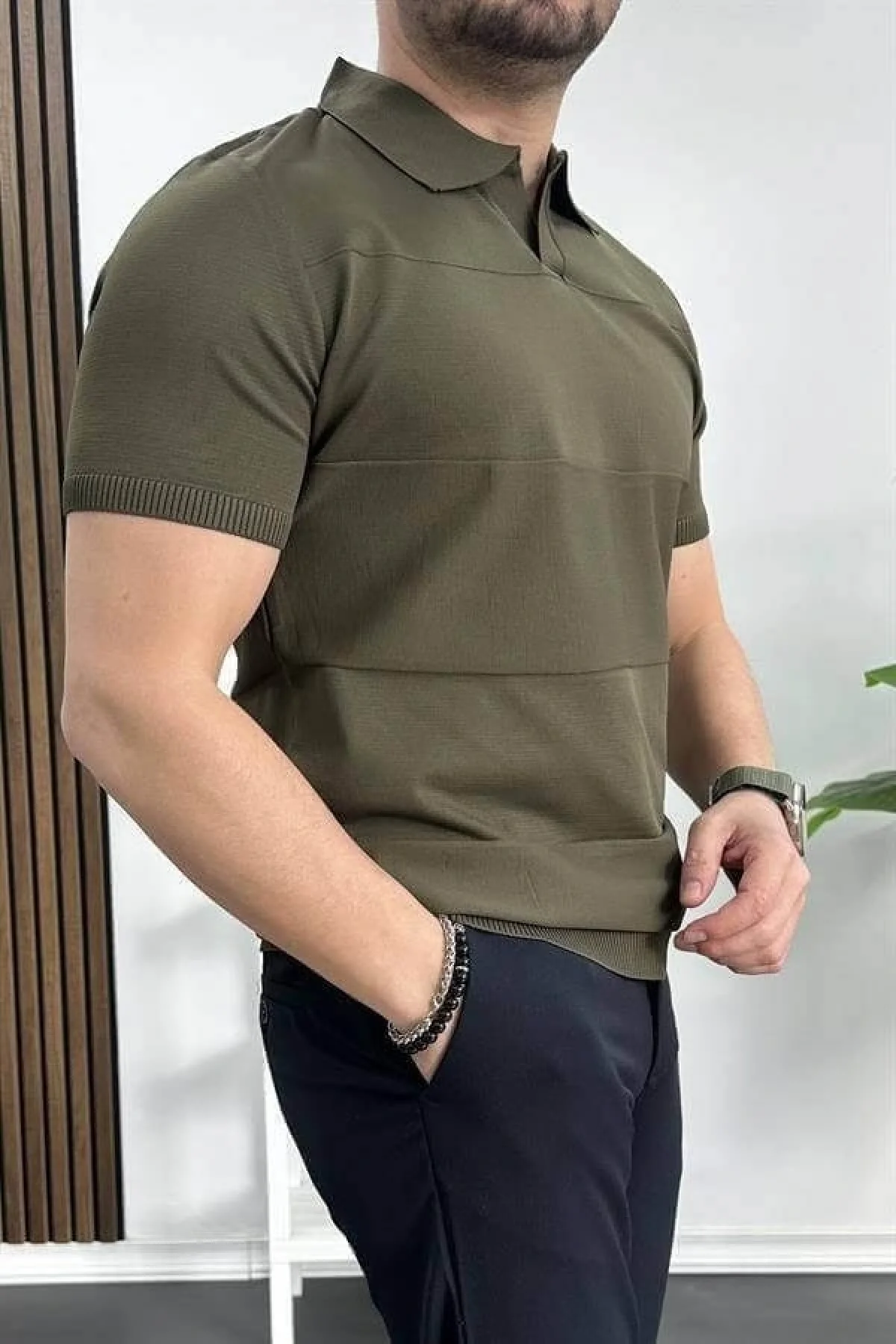 Erkek Açık Yaka Bloklu Tişört Haki Edw237