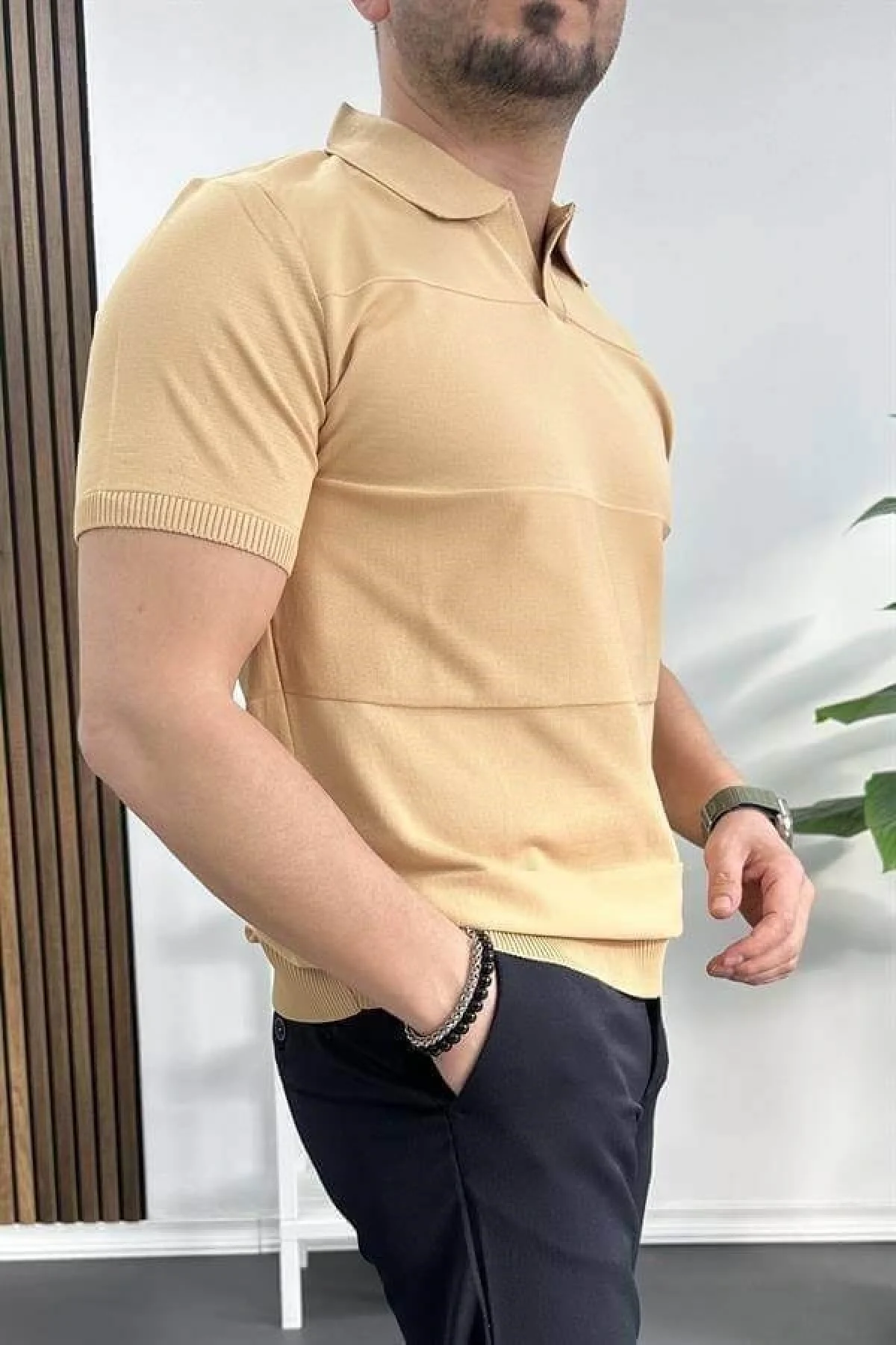 Erkek Açık Yaka Bloklu Tişört Sarı Edw237