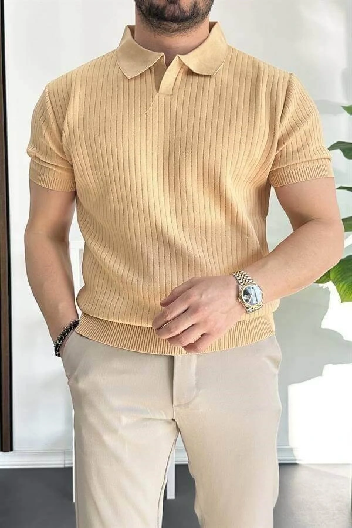 Erkek Açık Yaka Çizgili Desenli Tişört Sarı Edw258