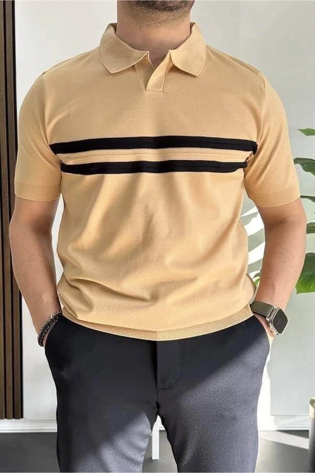 Erkek Açık Yaka Çizgli Tişört Sarı Edw236