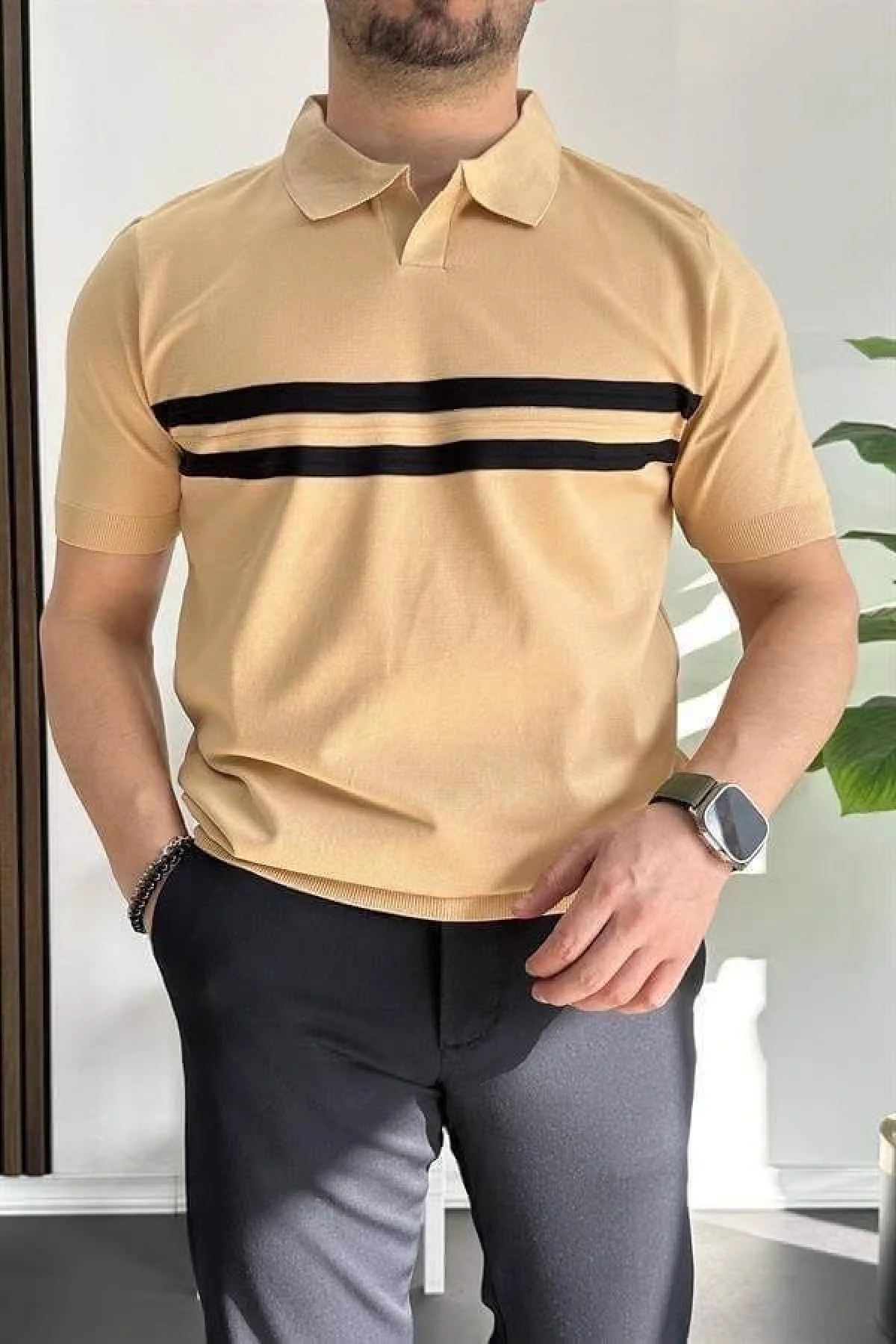 Erkek Açık Yaka Çizgli Tişört Sarı Edw236