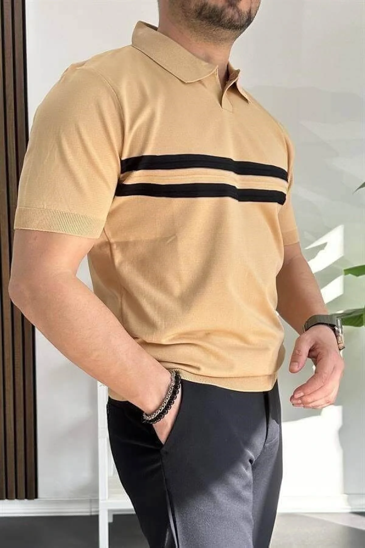 Erkek Açık Yaka Çizgli Tişört Sarı Edw236