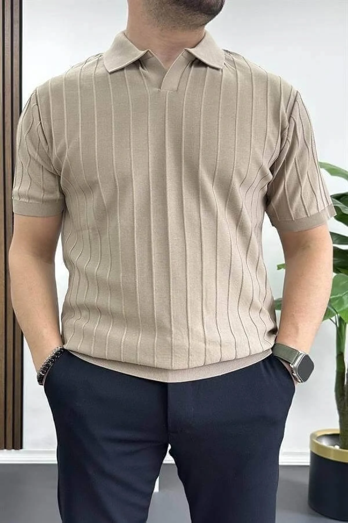 Erkek Açık Yaka Desenli Tişört Açık Kahve Edw238