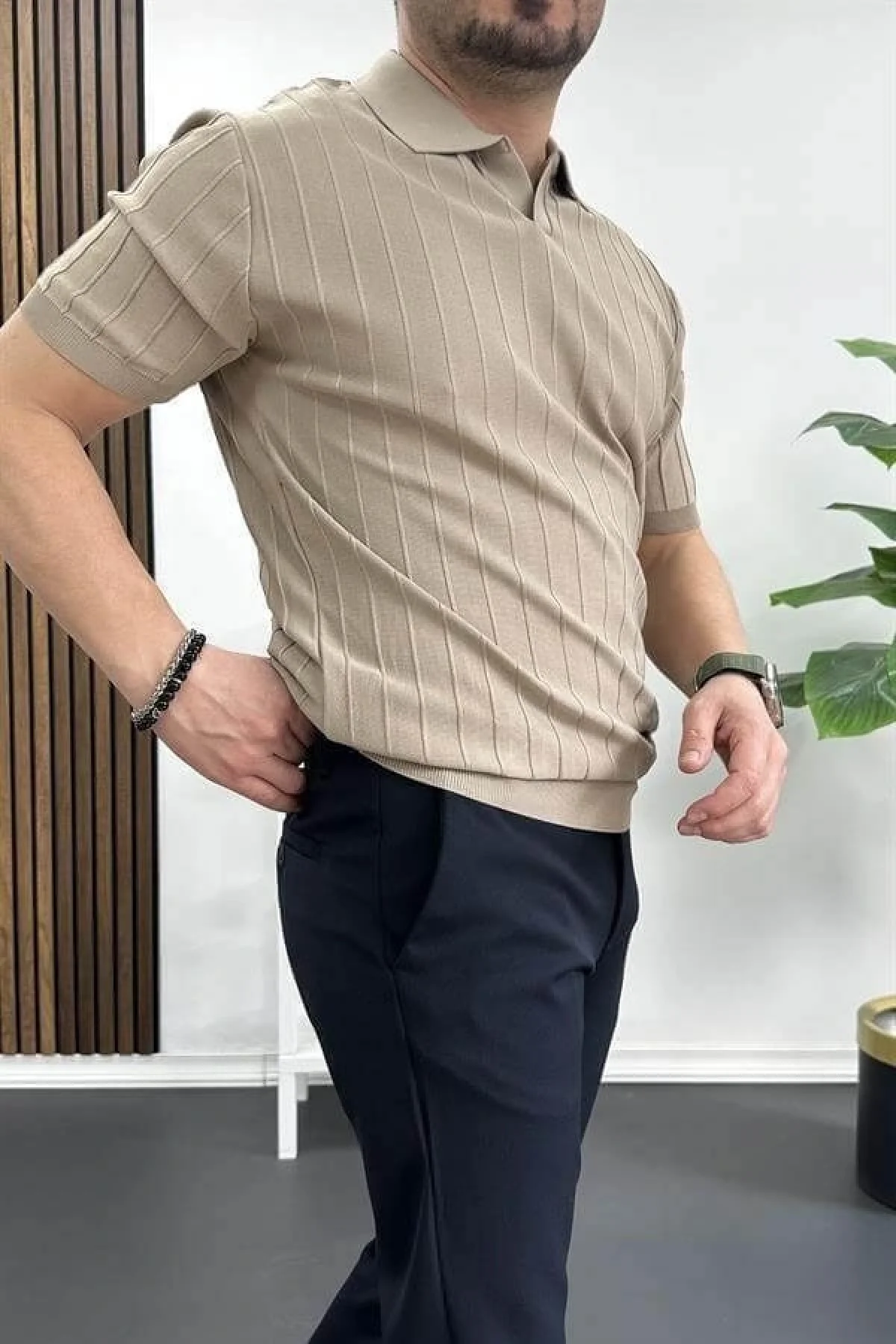 Erkek Açık Yaka Desenli Tişört Açık Kahve Edw238