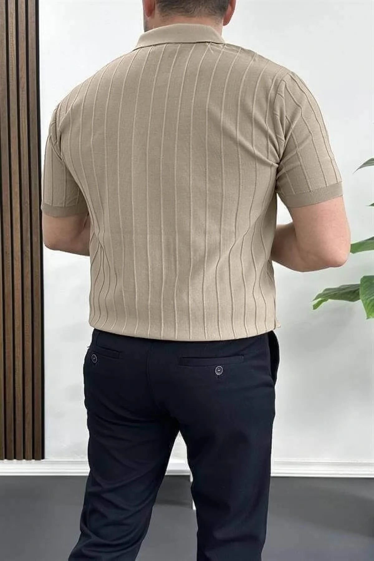 Erkek Açık Yaka Desenli Tişört Açık Kahve Edw238