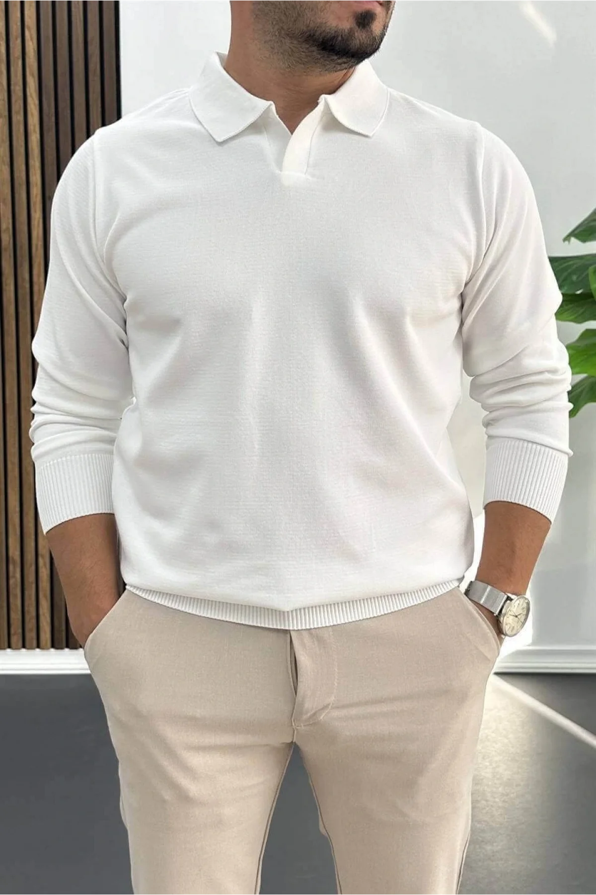 Erkek Açık Yaka Düz Desen Normal Kalıp Kazak Beyaz Edw423