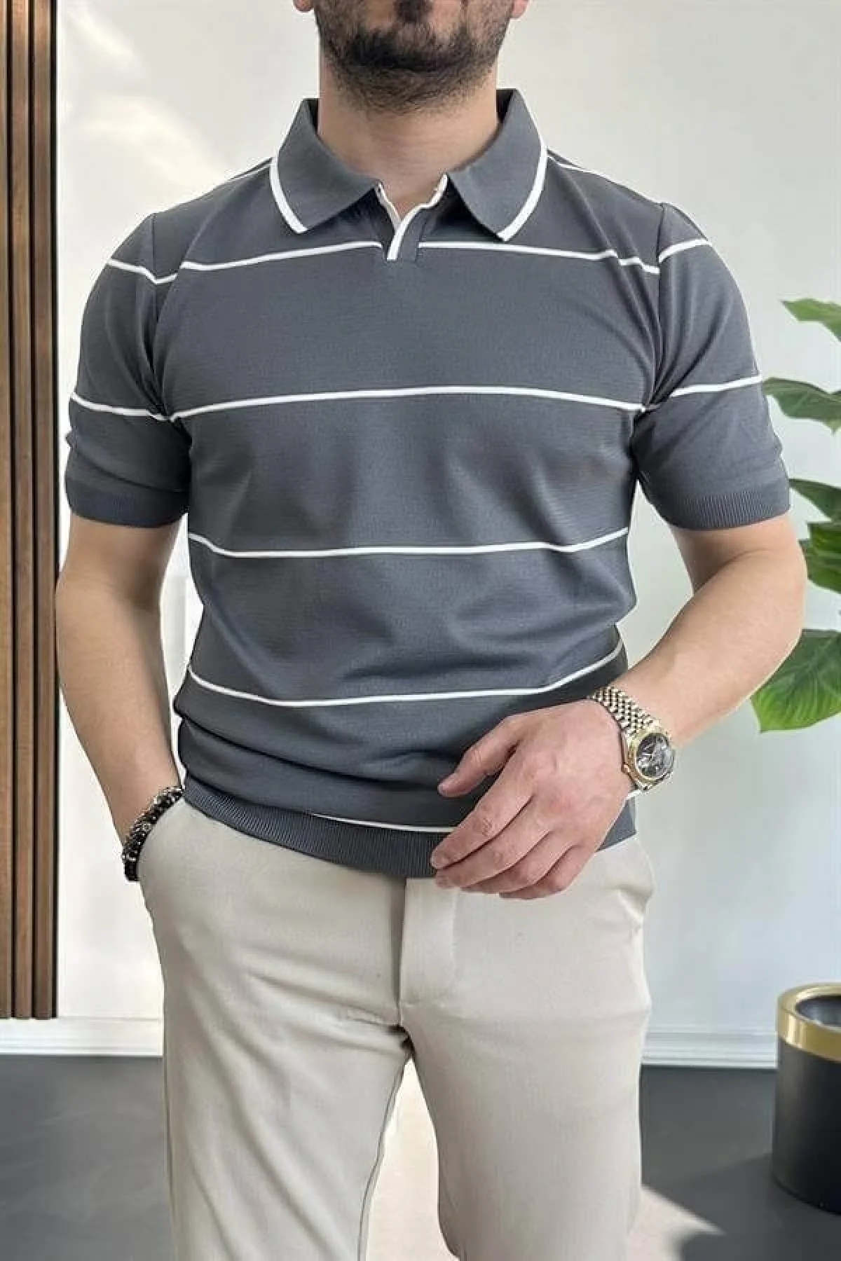 Erkek Açık Yaka Yan Çizgili Tişört Füme Edw259