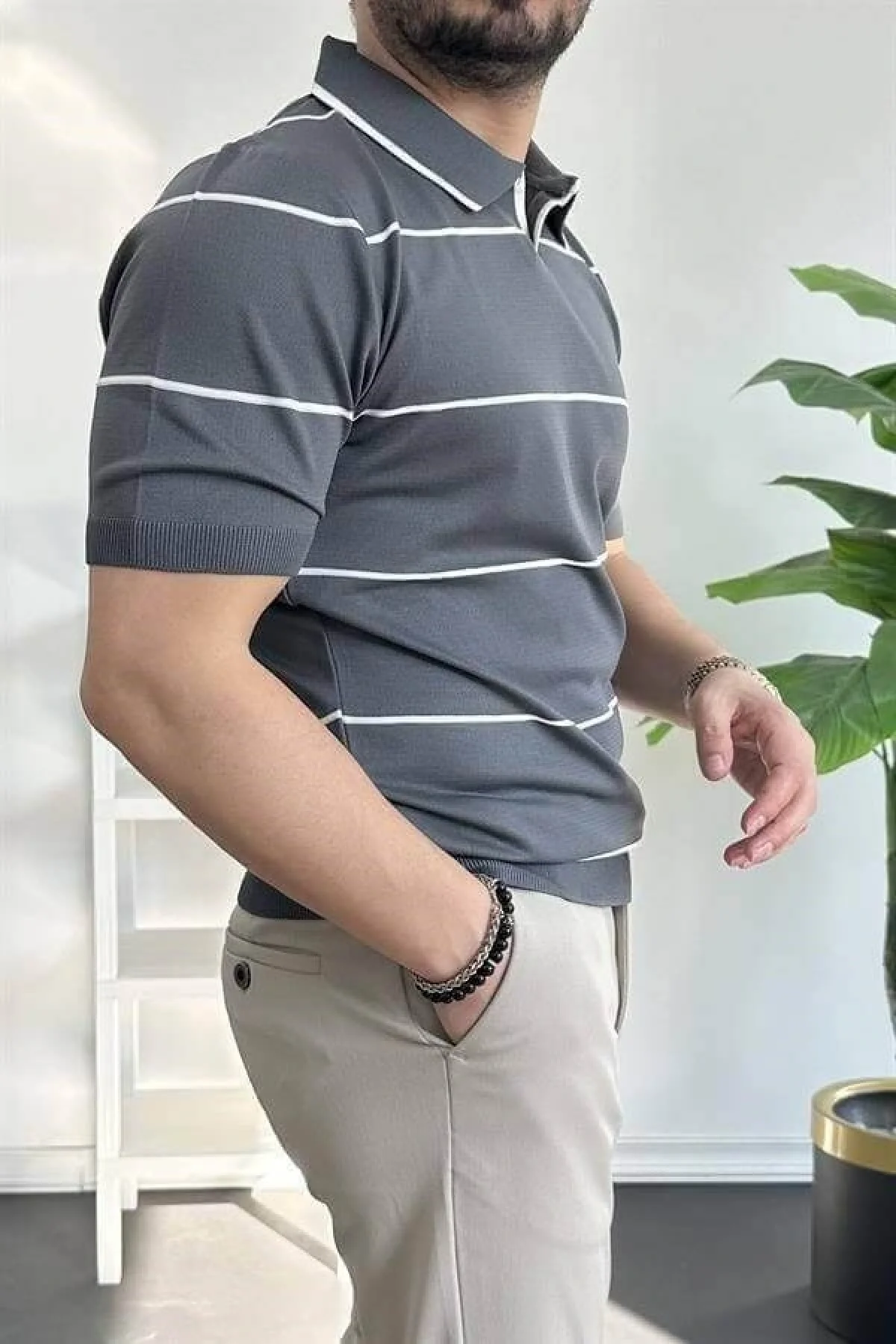 Erkek Açık Yaka Yan Çizgili Tişört Füme Edw259