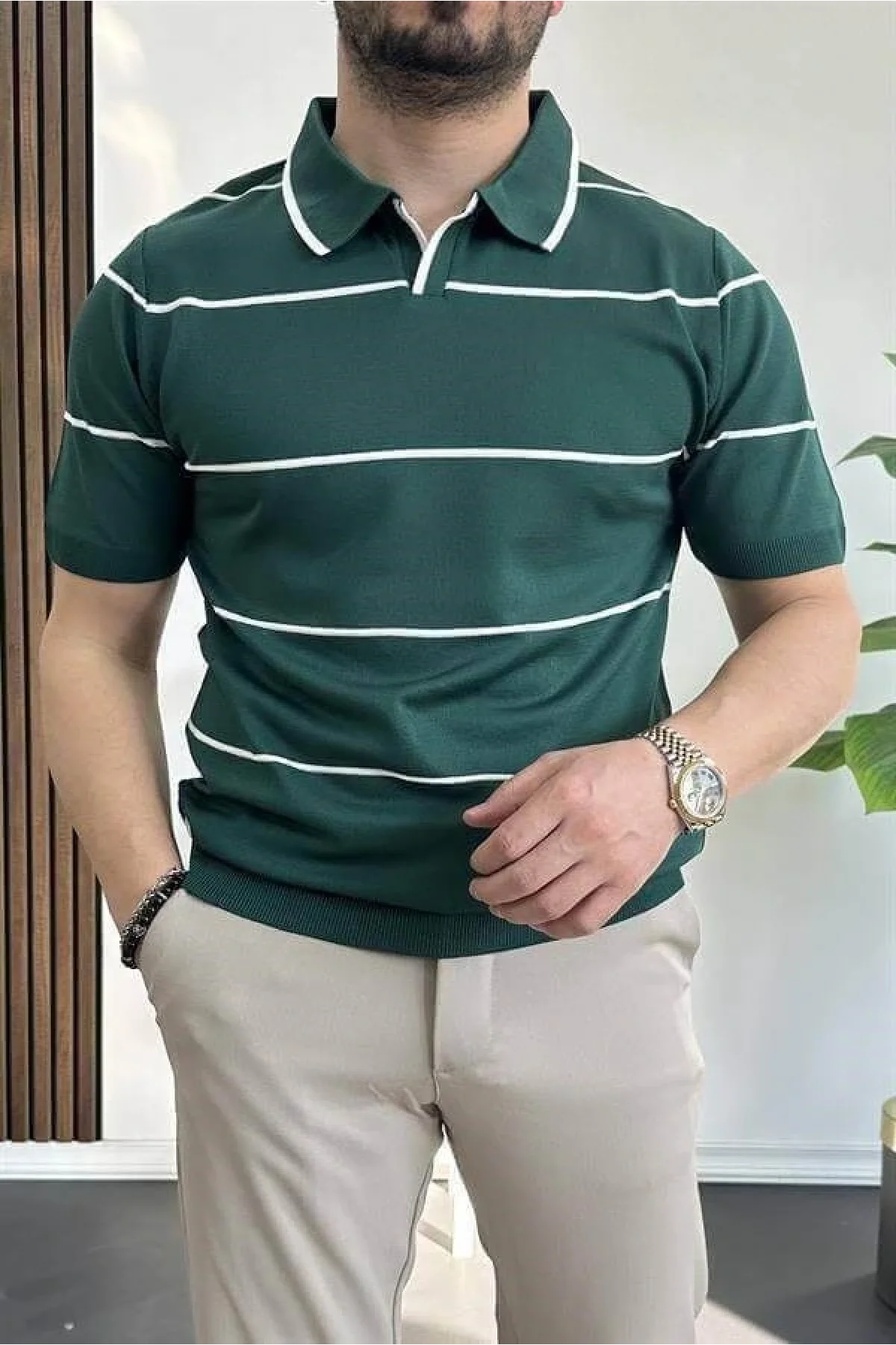 Erkek Açık Yaka Yan Çizgili Tişört Koyu Yeşil Edw259