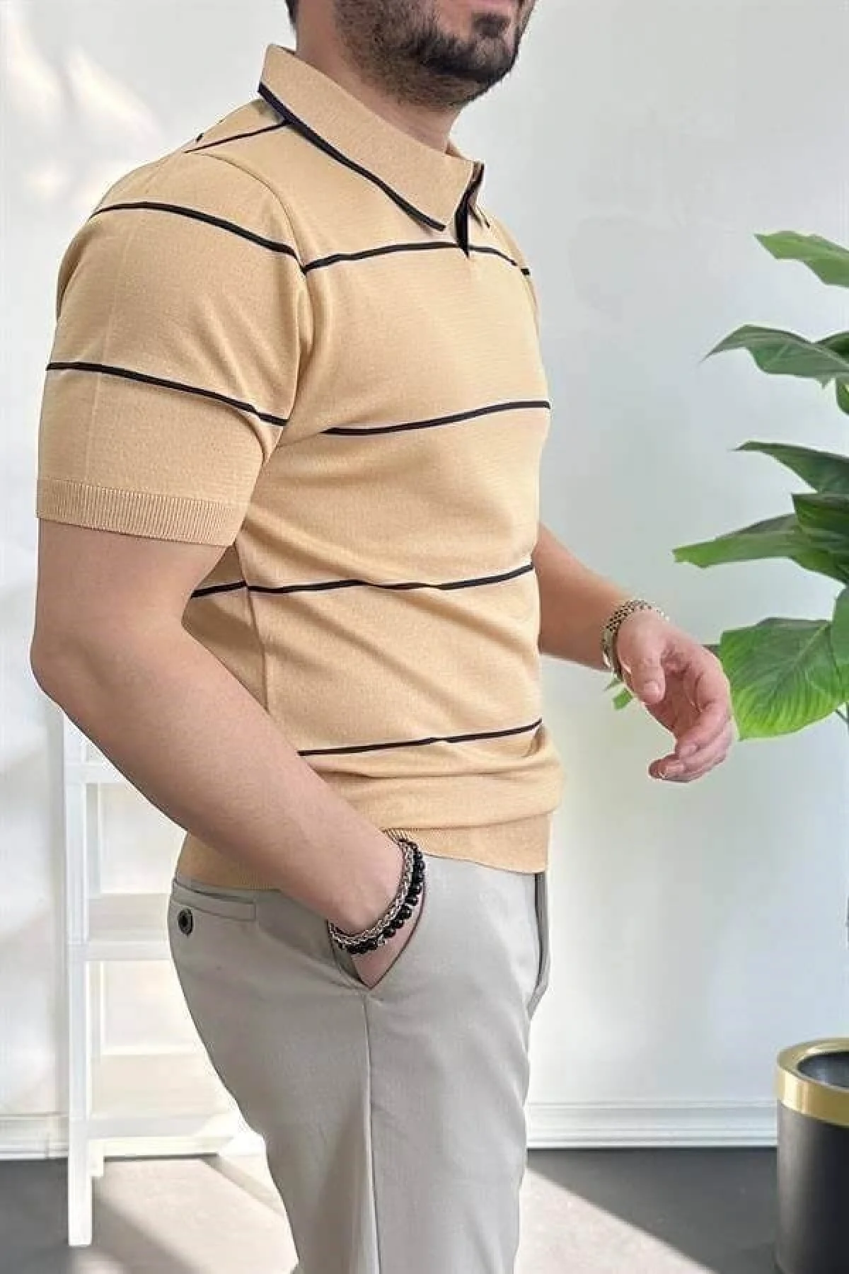 Erkek Açık Yaka Yan Çizgili Tişört Sarı Edw259