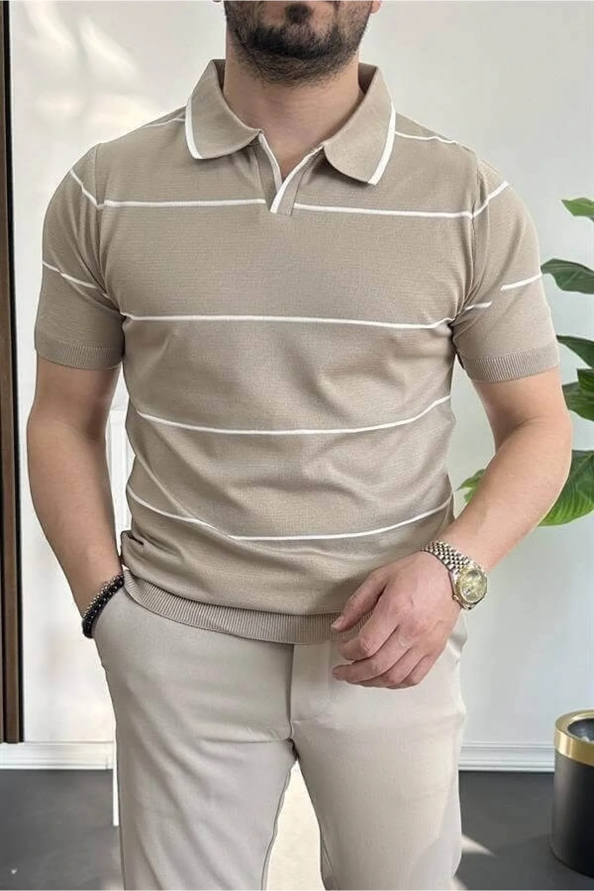 Erkek Açık Yaka Yan Çizgili Tişört Vizon Edw259