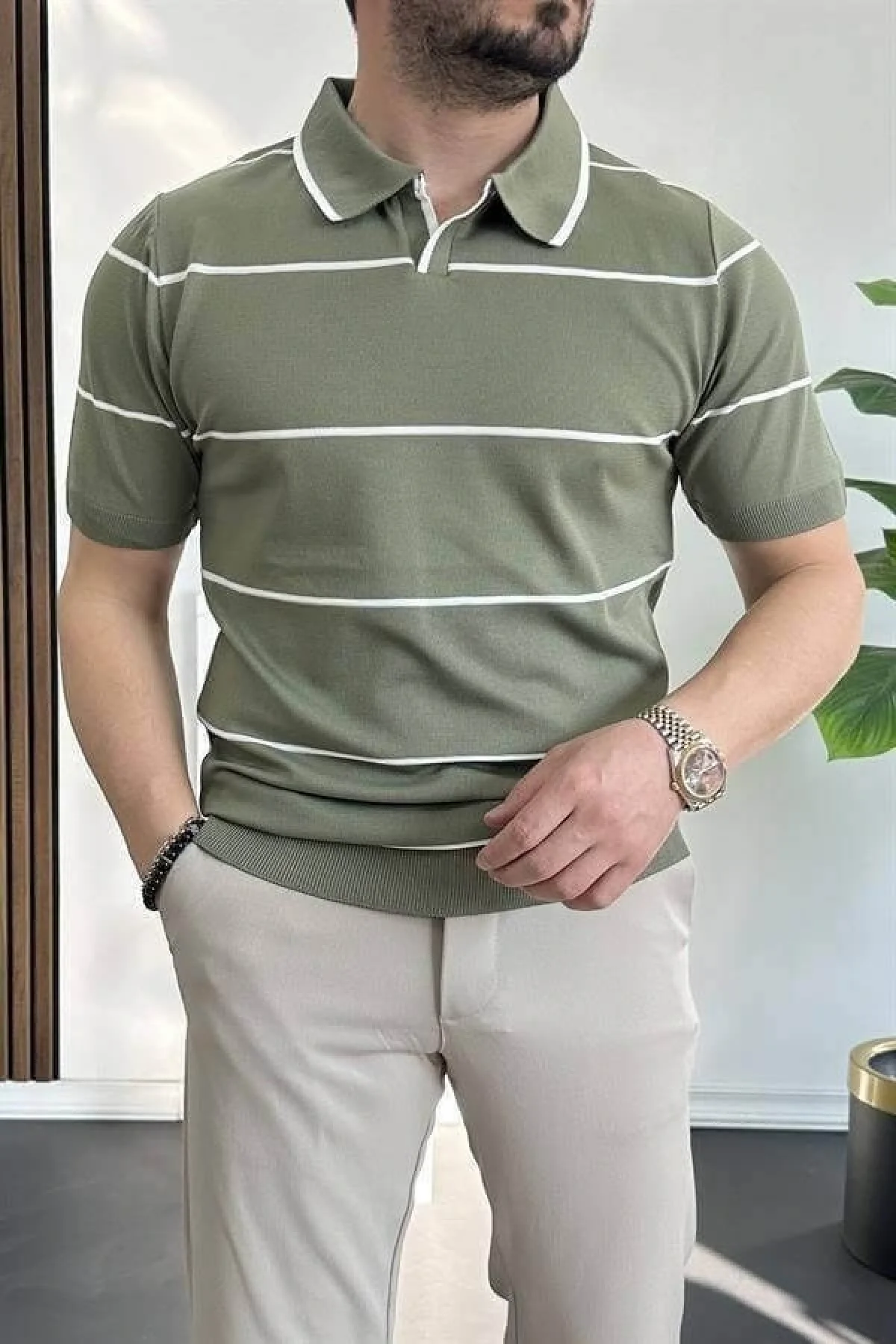 Erkek Açık Yaka Yan Çizgili Tişört Yeşil Edw259