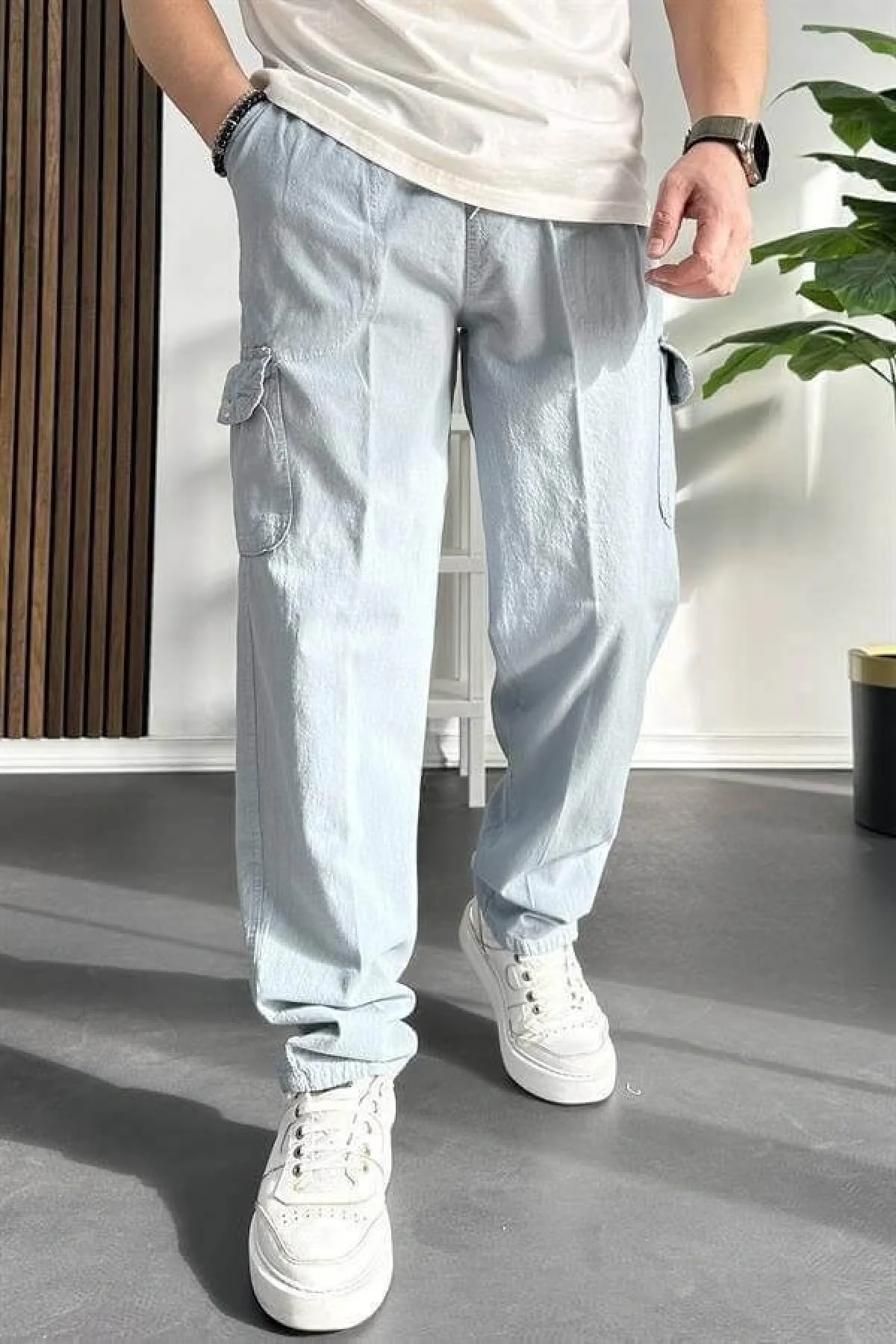Erkek Baggy Kalıp Kargo Cepli Pantolon Açık Mavi Edw131