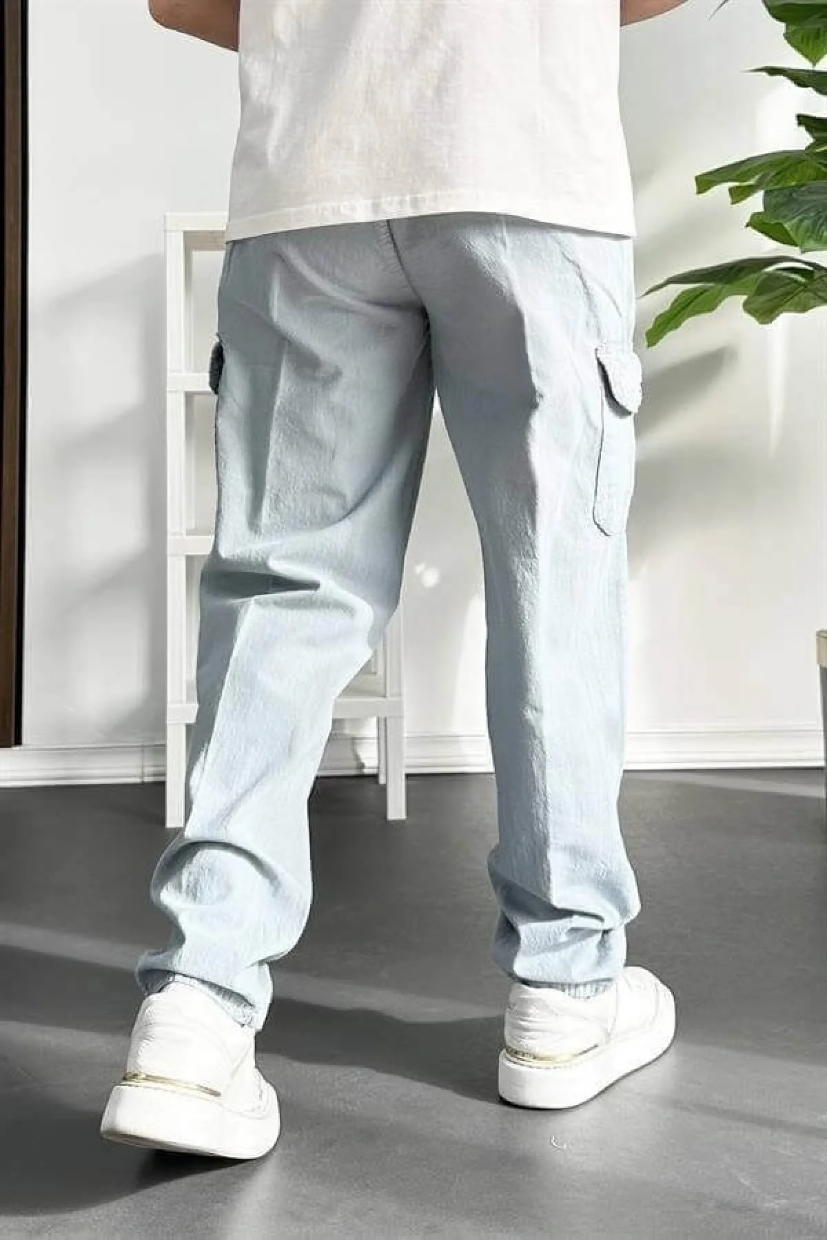 Erkek Baggy Kalıp Kargo Cepli Pantolon Açık Mavi Edw131