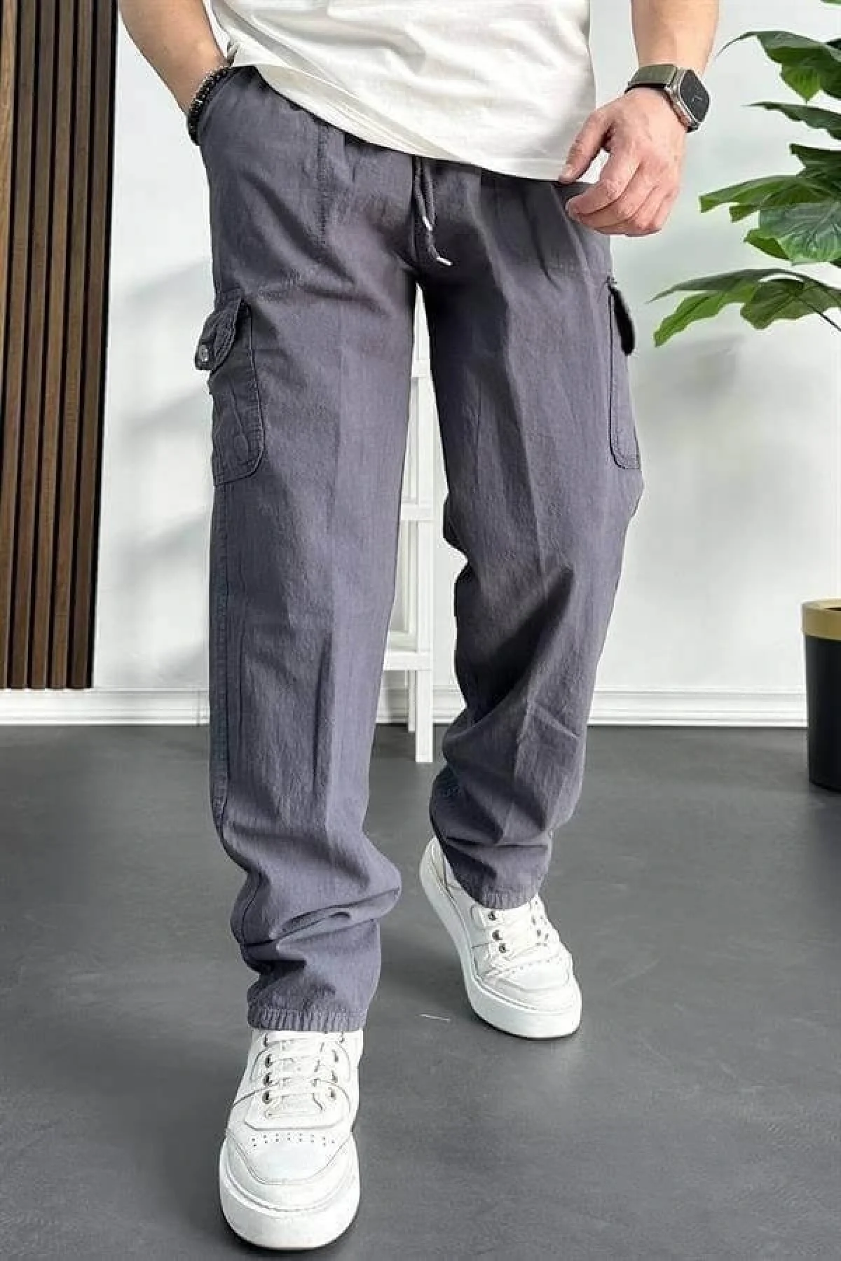 Erkek Baggy Kalıp Kargo Cepli Pantolon Füme Edw131