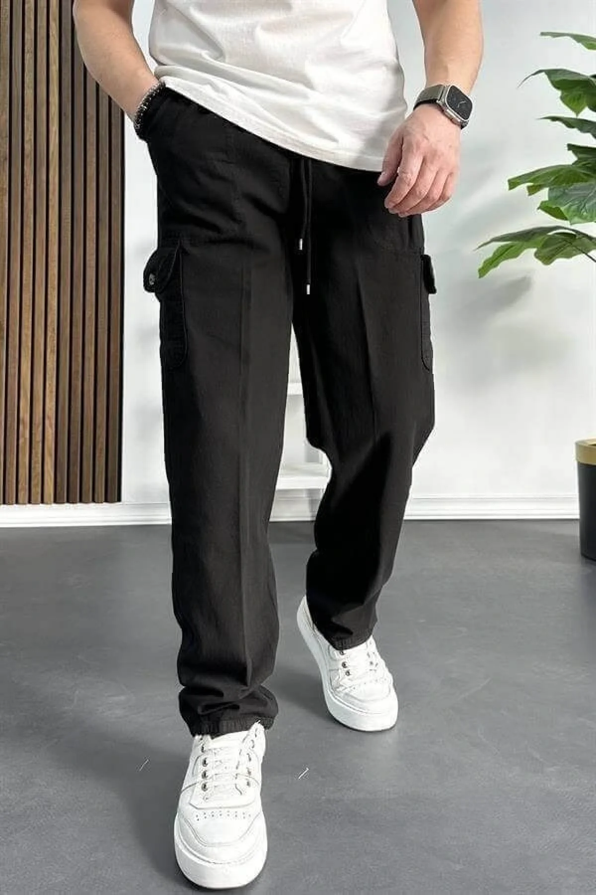 Erkek Baggy Kalıp Kargo Cepli Pantolon Siyah Edw131