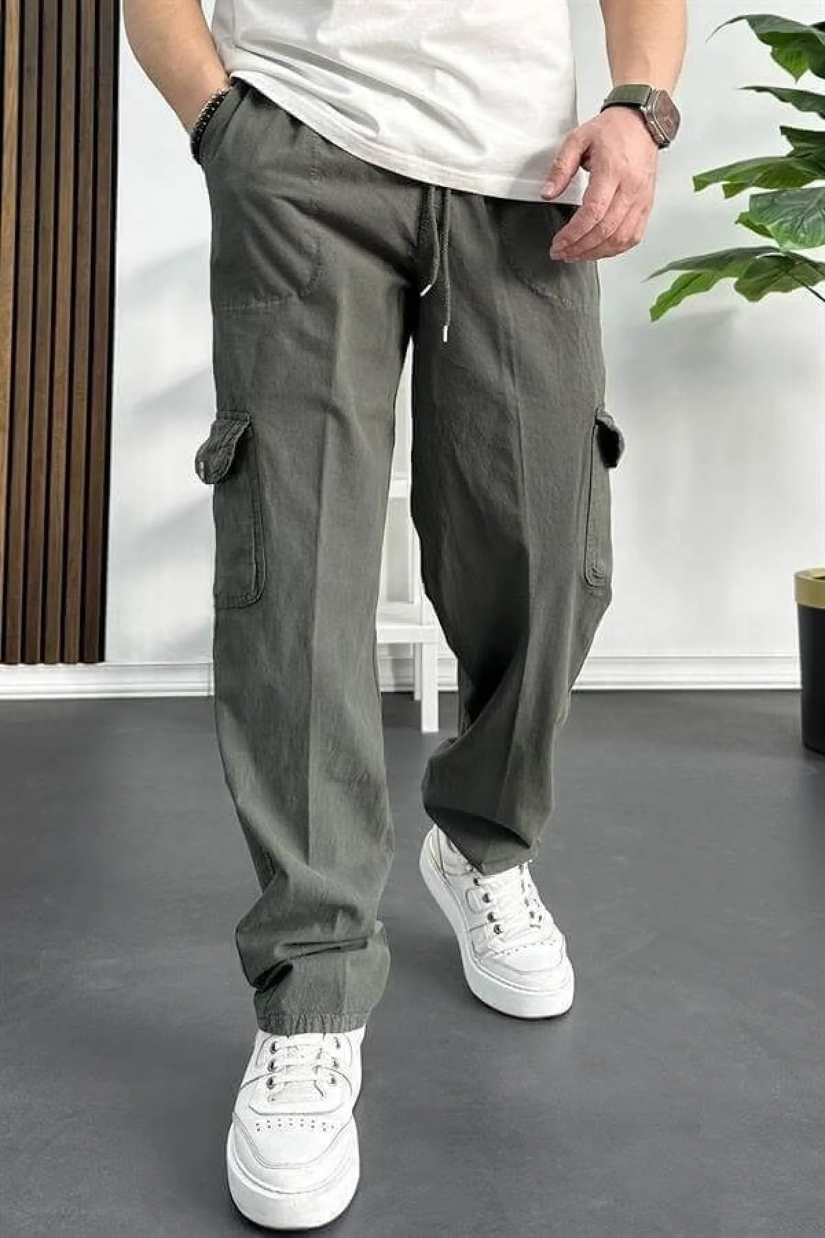 Erkek Baggy Kalıp Kargo Cepli Pantolon Yeşil Edw131