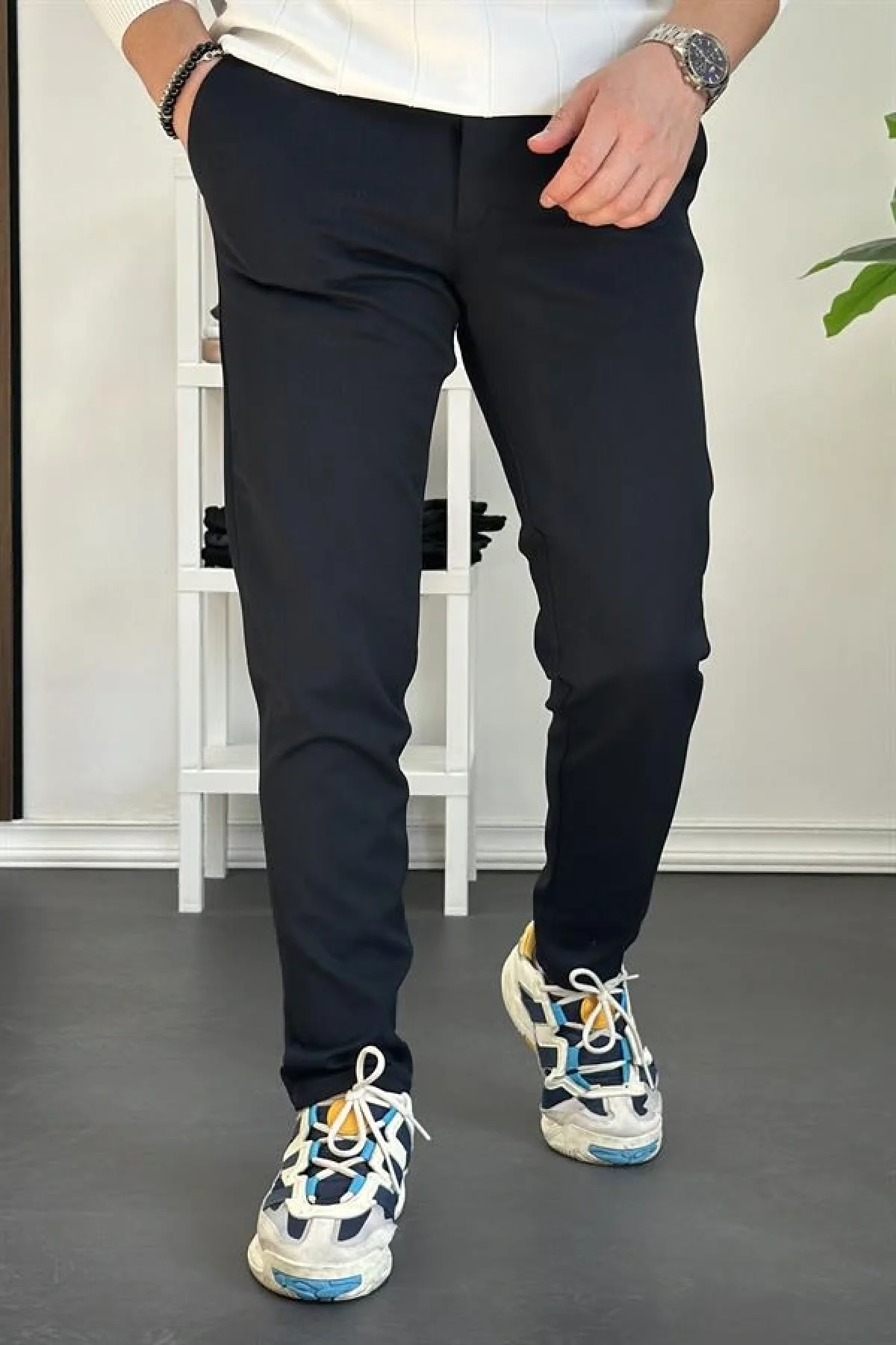 Erkek Beli Düğmeli Dar Paça Jogger Pantolon Lacivert Edw224