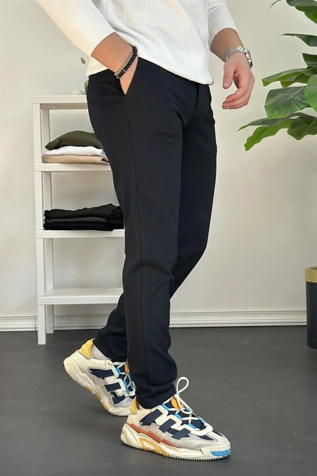 Erkek Beli Düğmeli Dar Paça Jogger Pantolon Lacivert Edw224
