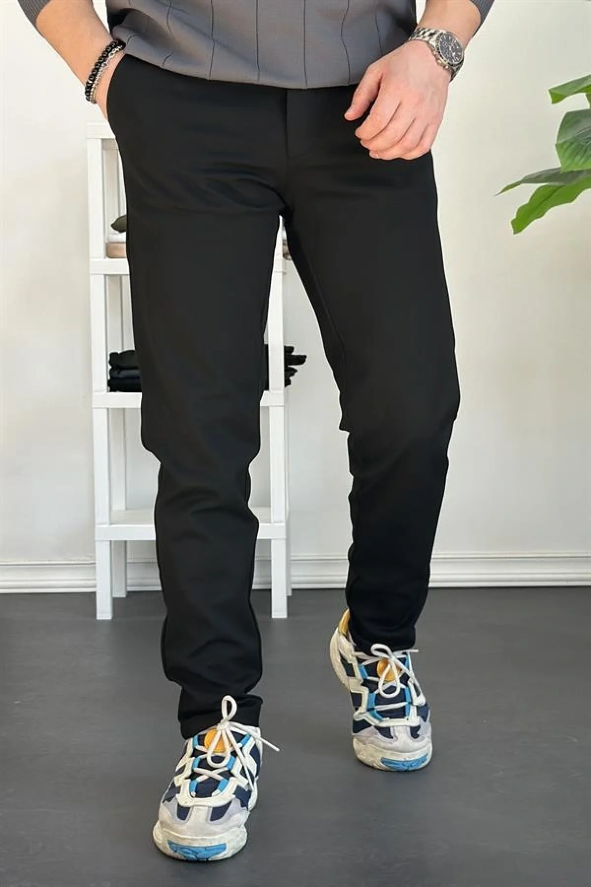 Erkek Beli Düğmeli Dar Paça Jogger Pantolon Siyah Edw224