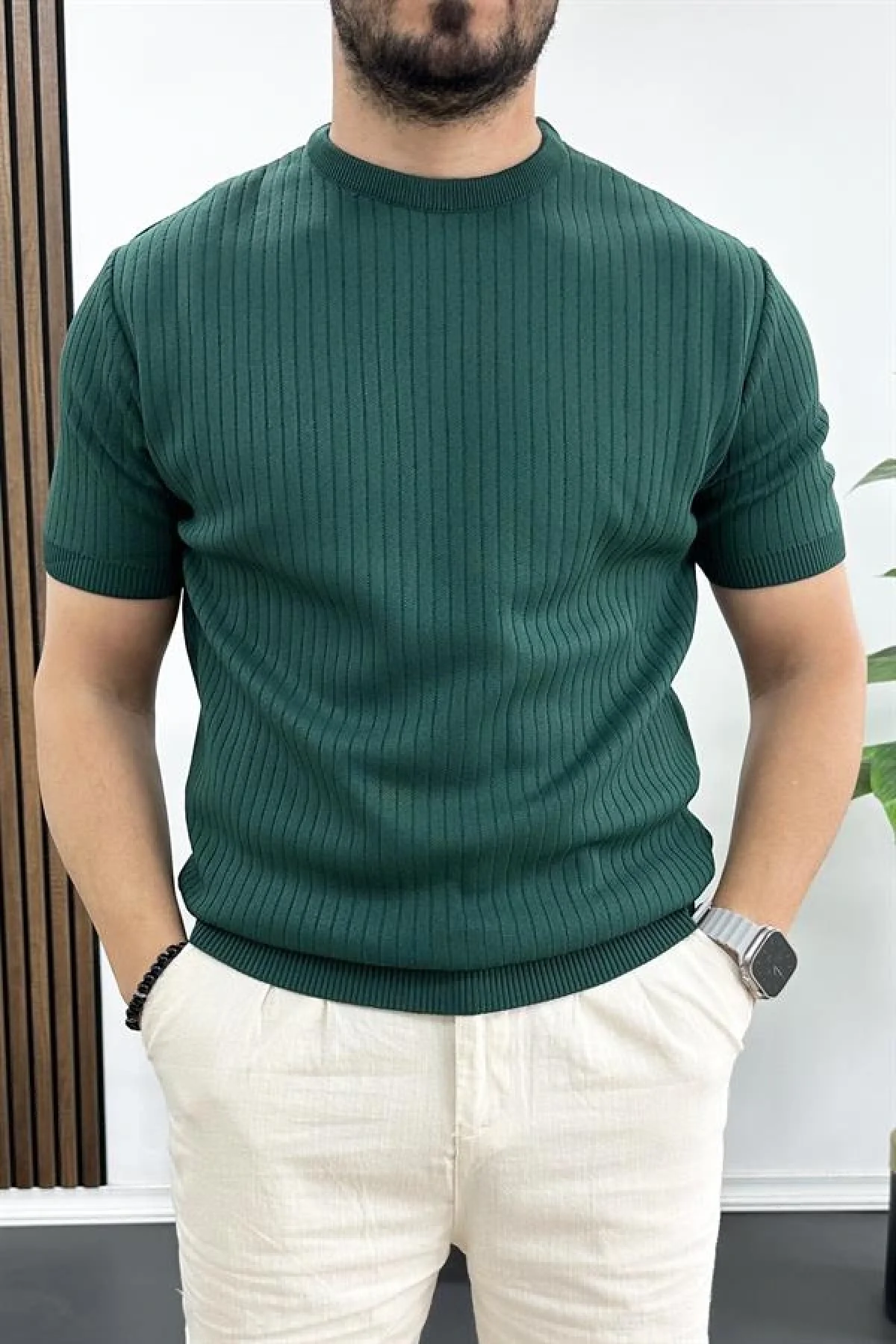 Erkek Bisiklet Yaka Çizgili Tişört Koyu Yeşil Edw265