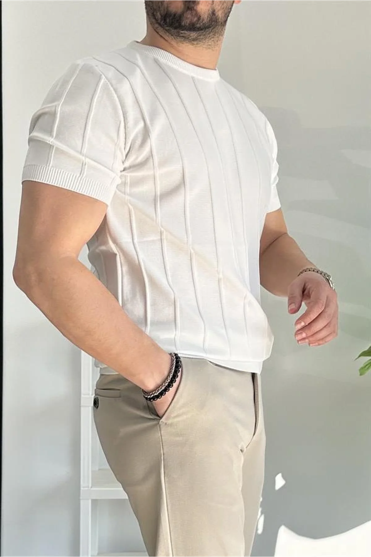 Erkek Bisiklet Yaka Desenli Tişört Beyaz Edw260