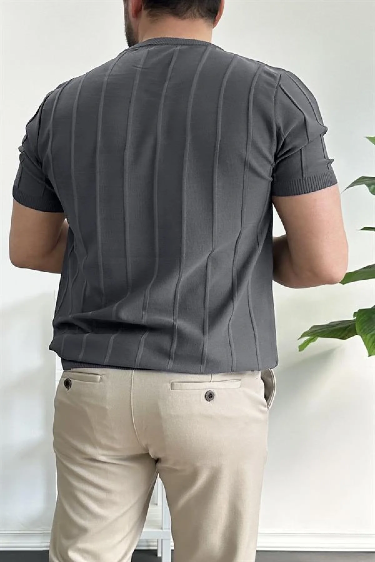 Erkek Bisiklet Yaka Desenli Tişört Füme Edw260