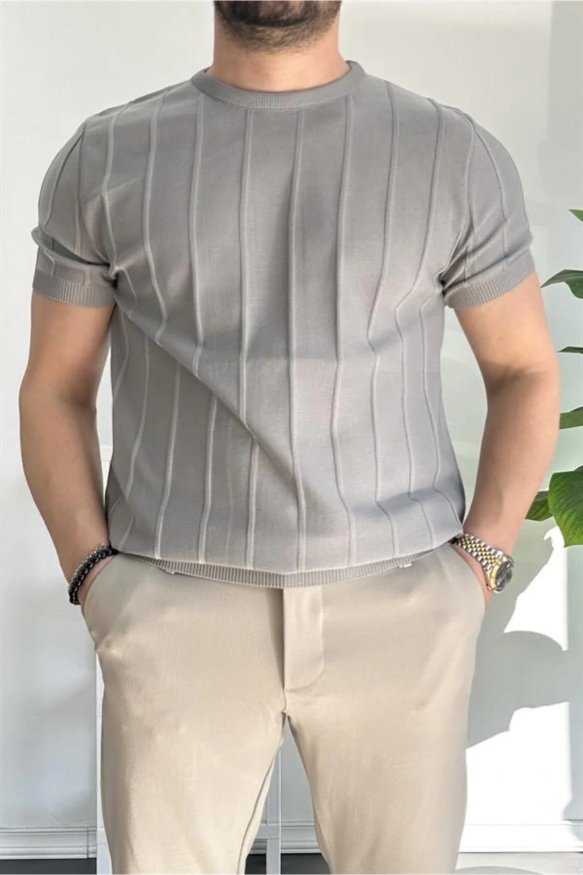 Erkek Bisiklet Yaka Desenli Tişört Gri Edw260