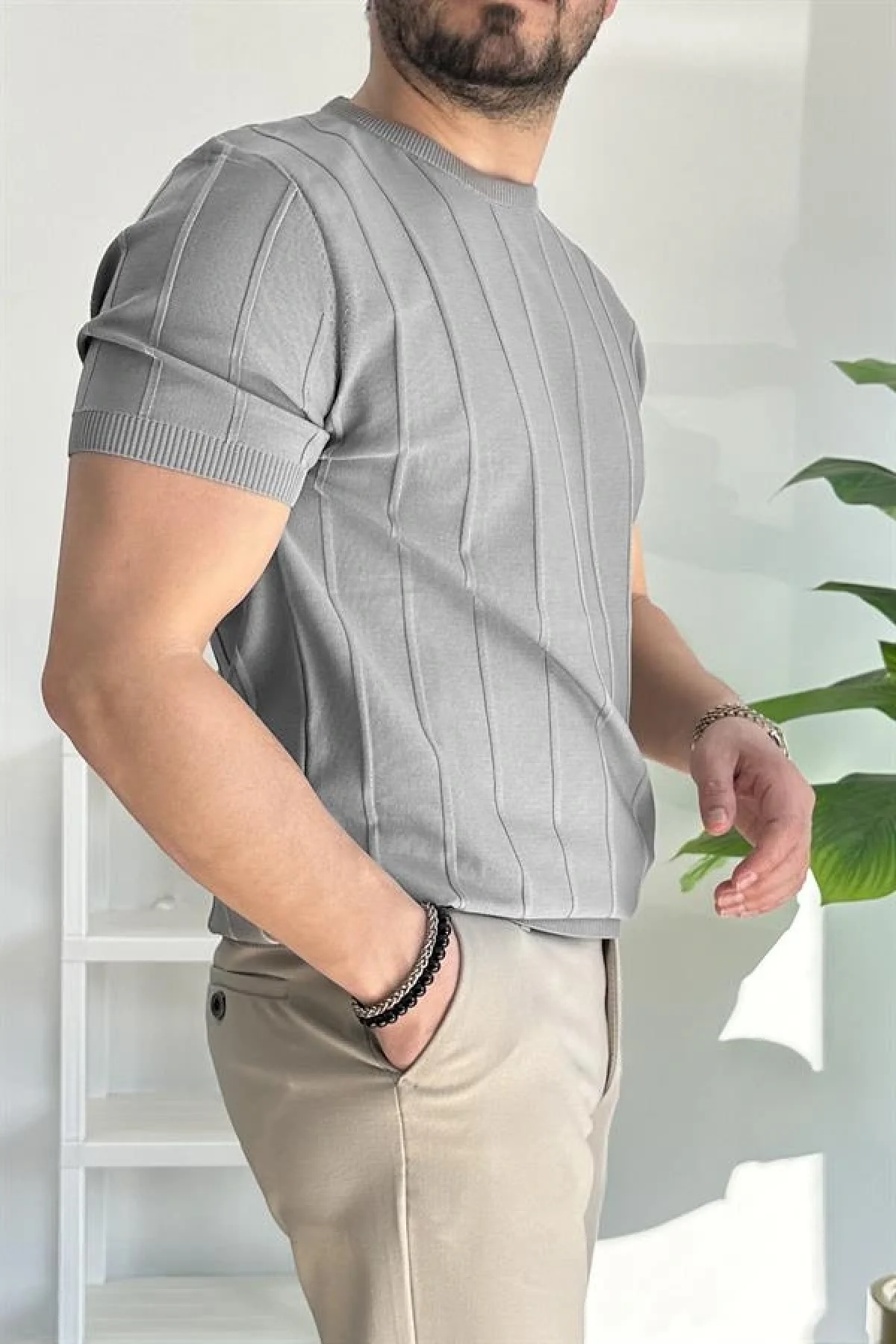 Erkek Bisiklet Yaka Desenli Tişört Gri Edw260