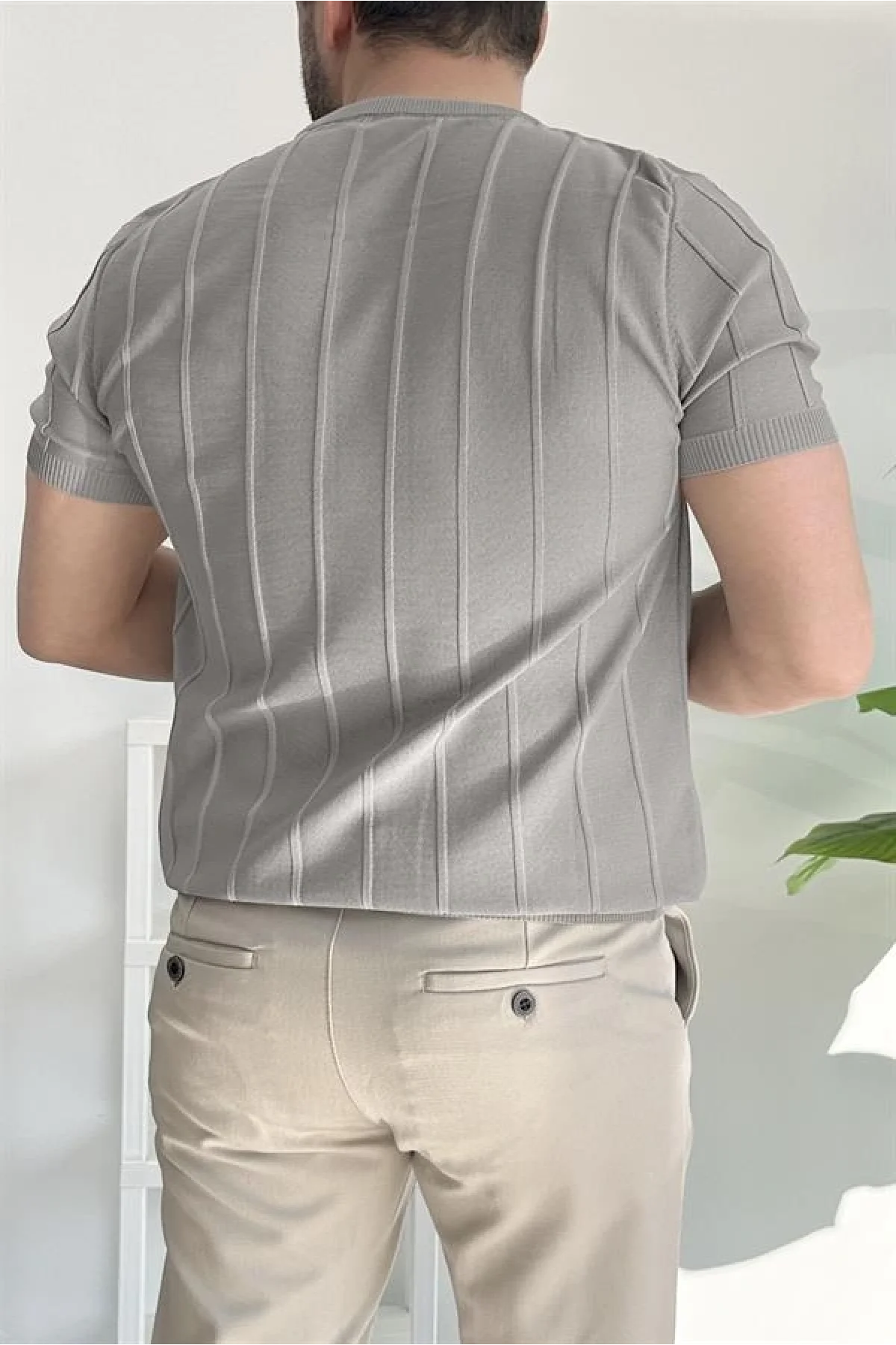 Erkek Bisiklet Yaka Desenli Tişört Gri Edw260