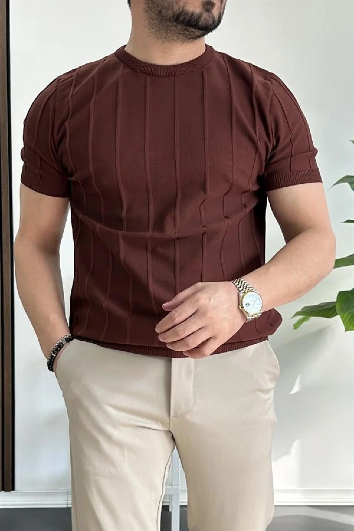 Erkek Bisiklet Yaka Desenli Tişört Kiremit Edw260