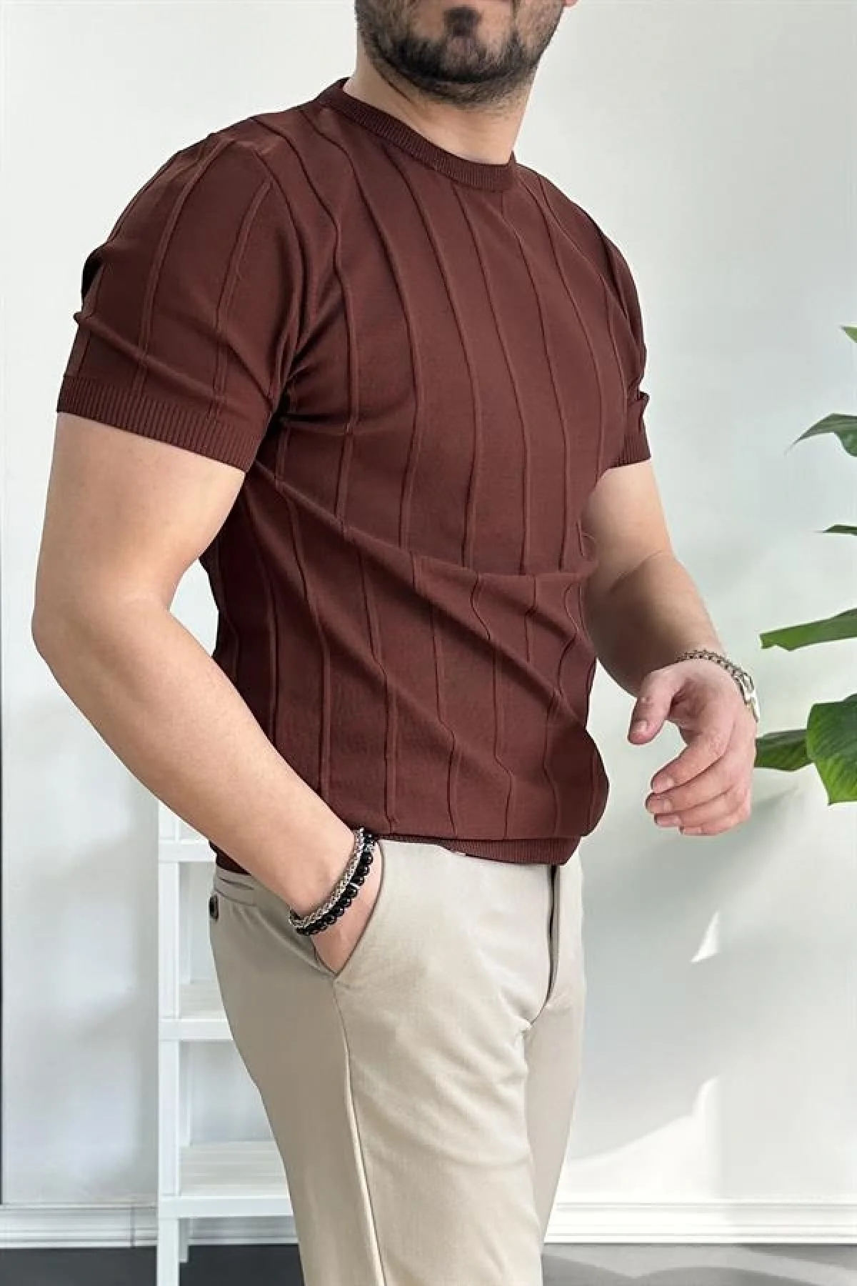 Erkek Bisiklet Yaka Desenli Tişört Kiremit Edw260