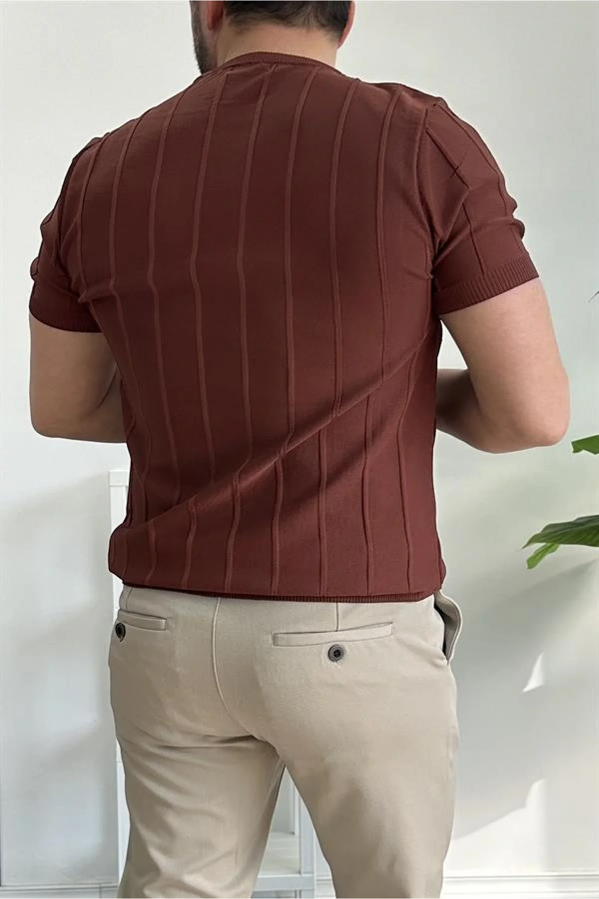 Erkek Bisiklet Yaka Desenli Tişört Kiremit Edw260