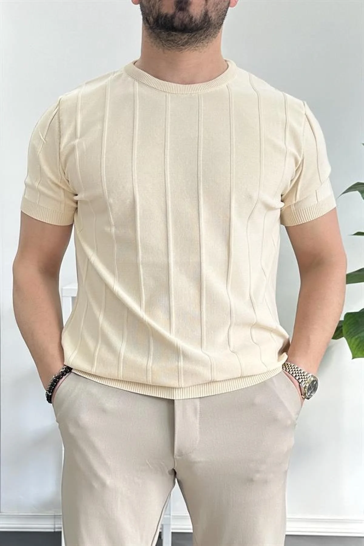 Erkek Bisiklet Yaka Desenli Tişört Krem Edw260