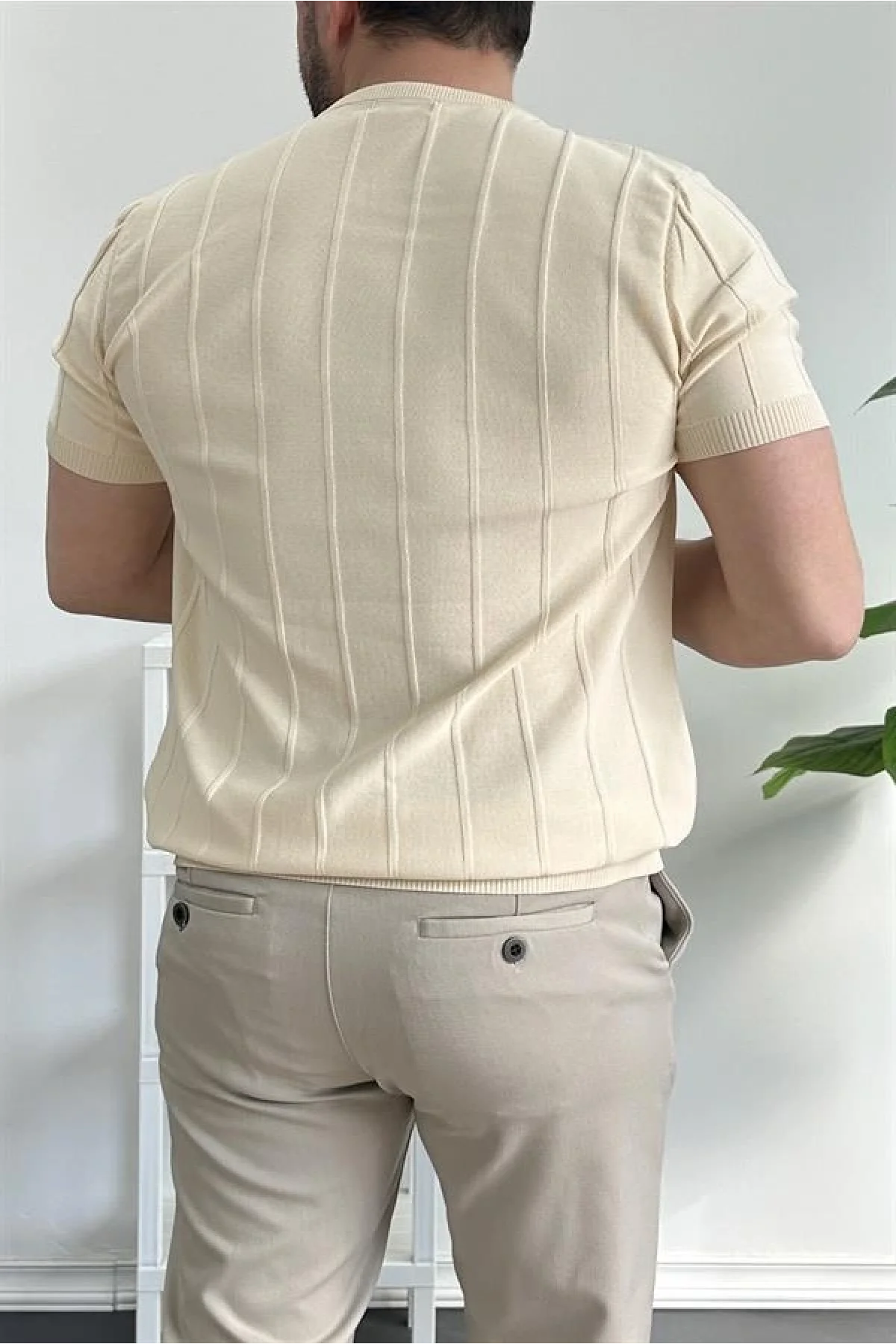 Erkek Bisiklet Yaka Desenli Tişört Krem Edw260